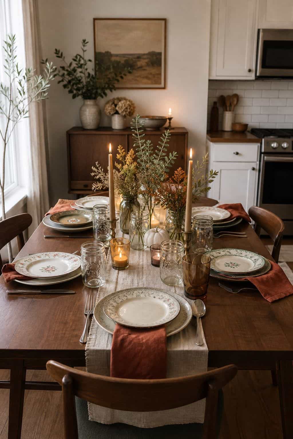 Autumn farmhouse Friendsgiving table with mismatched vintage plates, mason jar vases, linen, and walnut table
