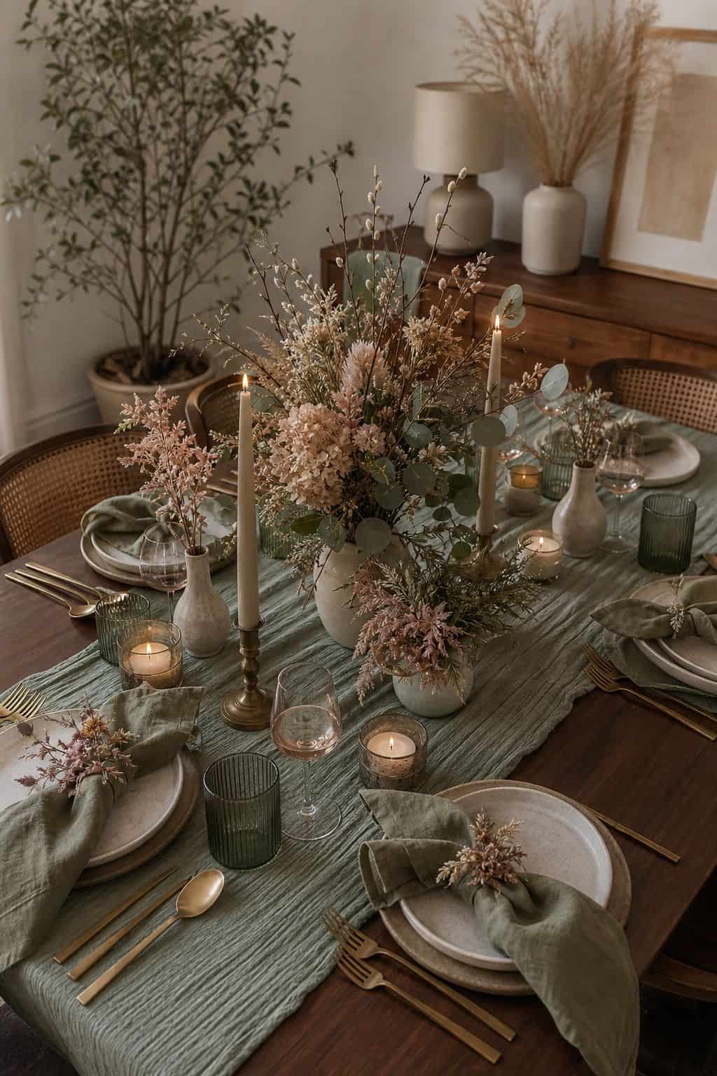 Autumn garden Friendsgiving table with eucalyptus, pussy willow, dried florals, sage linens, blush flowers, and walnut table
