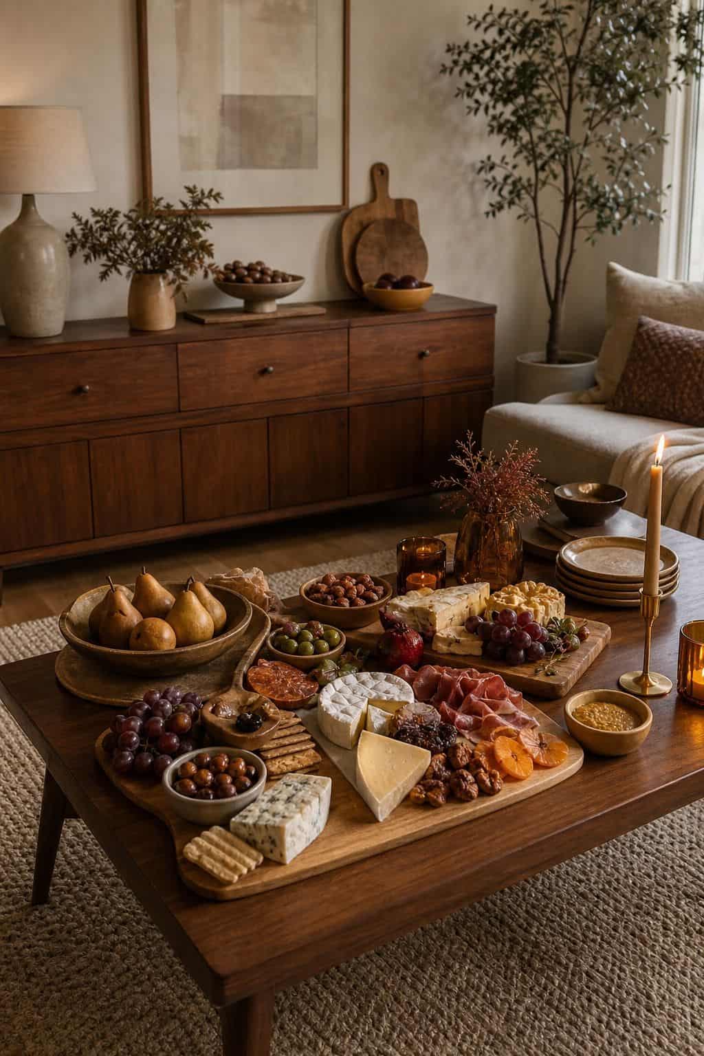 Board night Friendsgiving setup with grazing boards, ceramic bowls, grapes, bread, cheese, and walnut coffee table