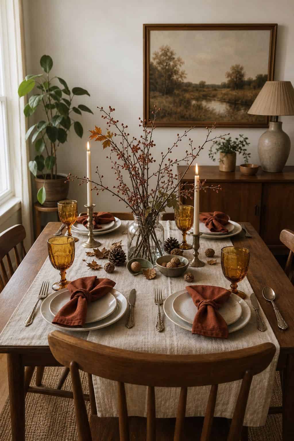 Budget-friendly Friendsgiving table with thrifted glassware, gathered branches, rust napkins, simple candles, and walnut table
