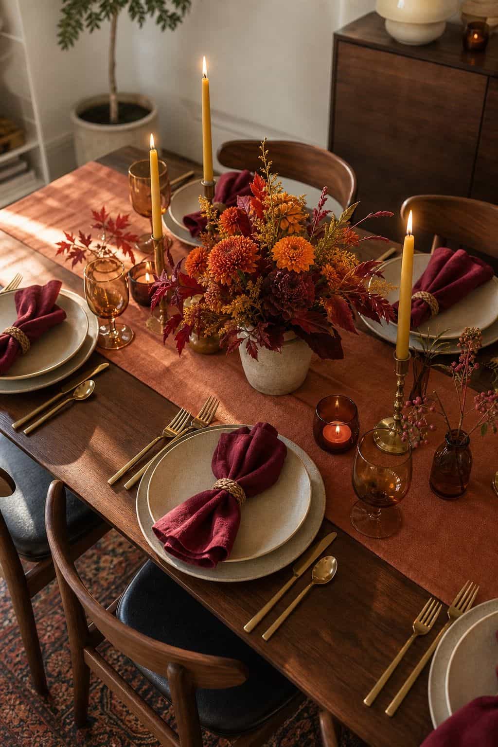 Cranberry color story Friendsgiving table with golden yellow candles, rustic orange florals, and walnut table