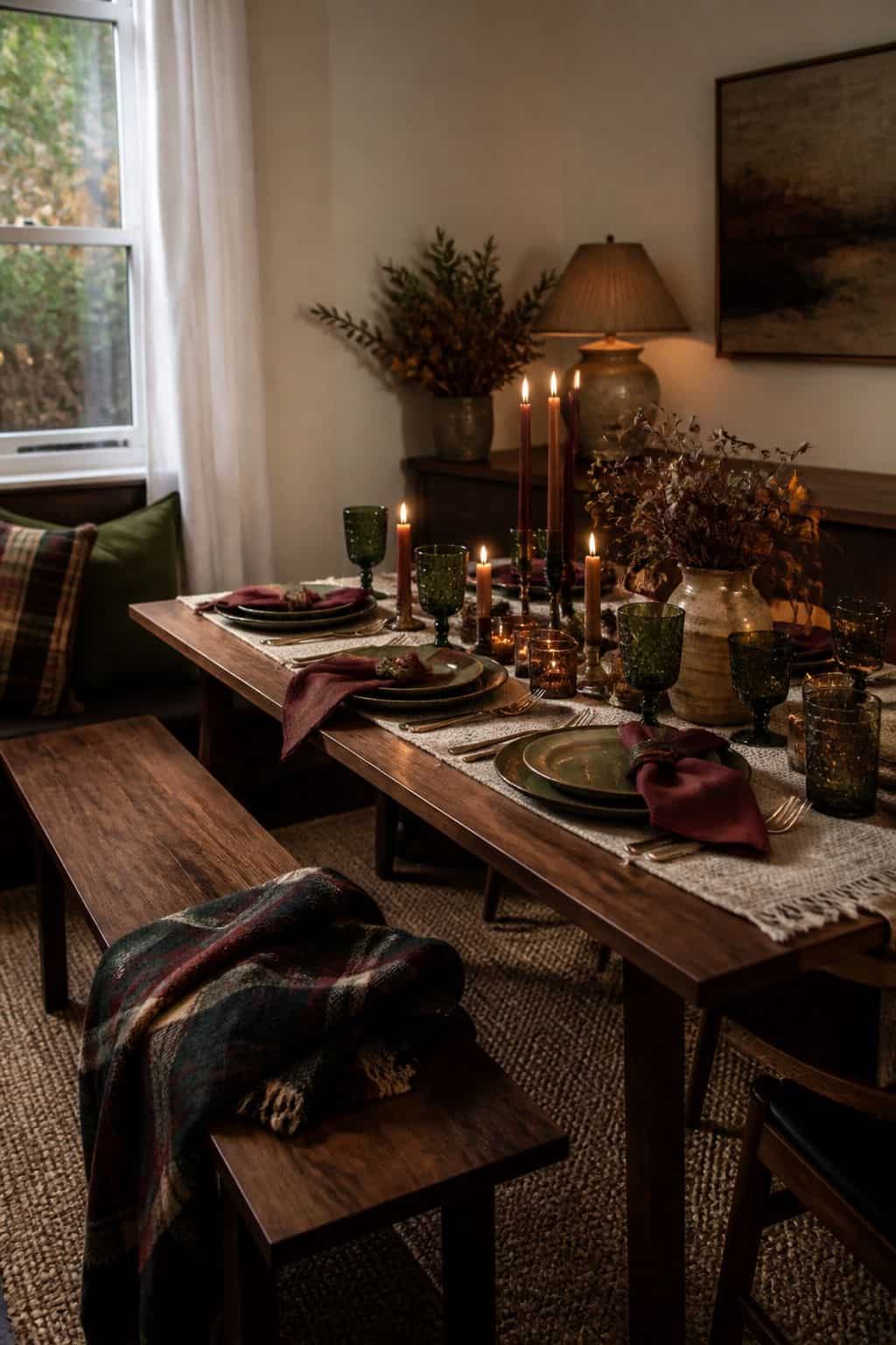 Cozy cabin Friendsgiving table with plaid throw, oxblood napkins, forest green glassware, and walnut furniture