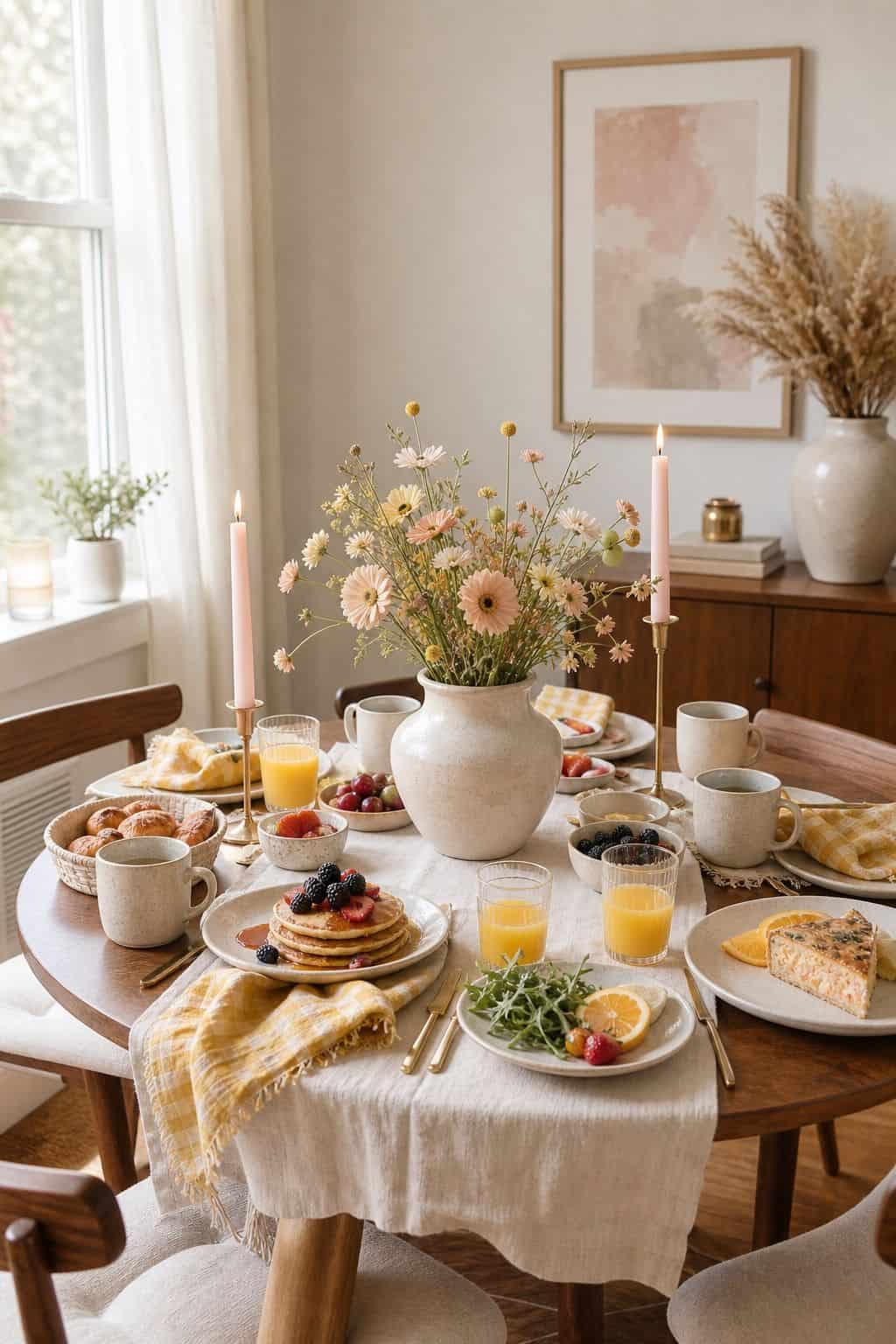 Daytime Friendsgiving brunch table with butter yellow napkins, blush candles, ceramic mugs, and walnut round table