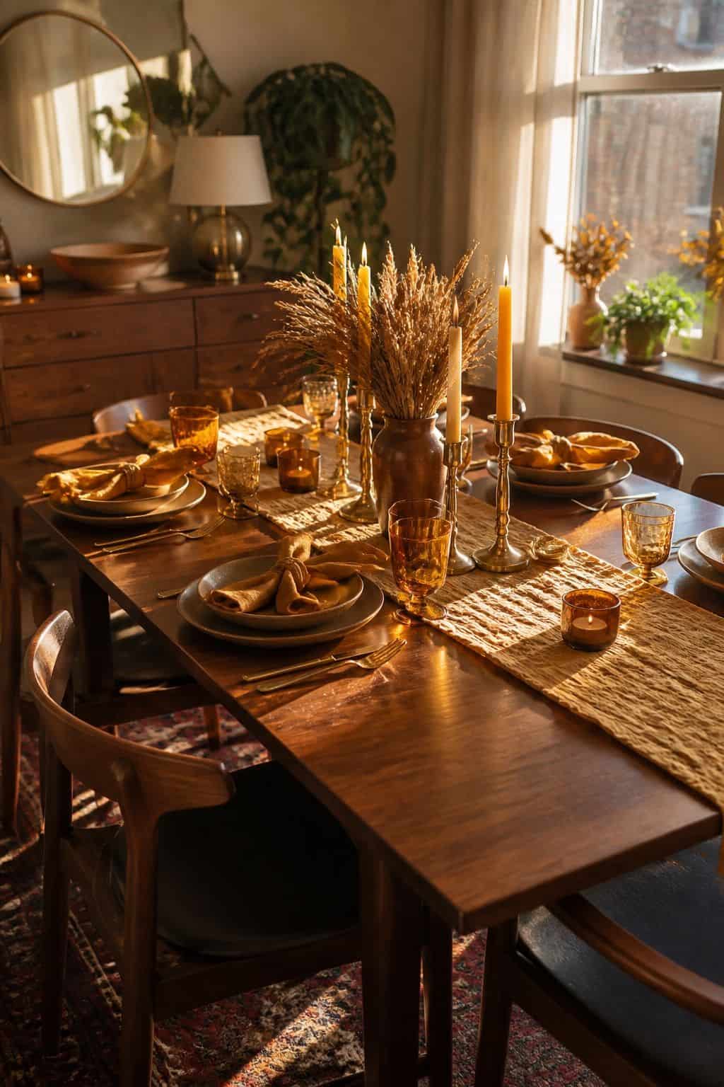 Golden hour Friendsgiving table with amber glassware, brass accents, wheat linen, and walnut table