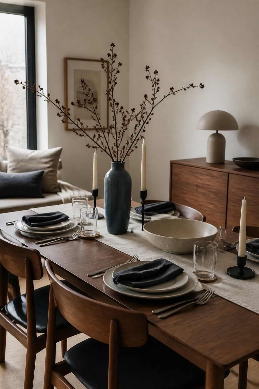 Modern minimalist Friendsgiving table with taupe linens, sculptural ceramics, charcoal napkins, and walnut table