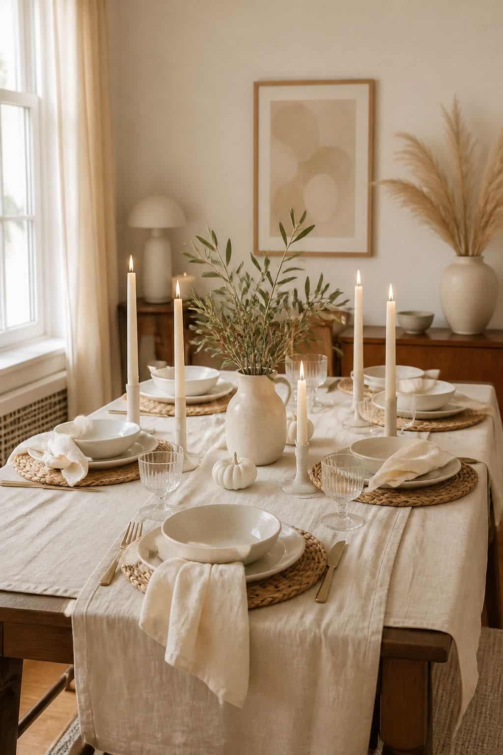 Monochrome cream Friendsgiving table with ivory linens, cream ceramics, taper candles, and walnut details