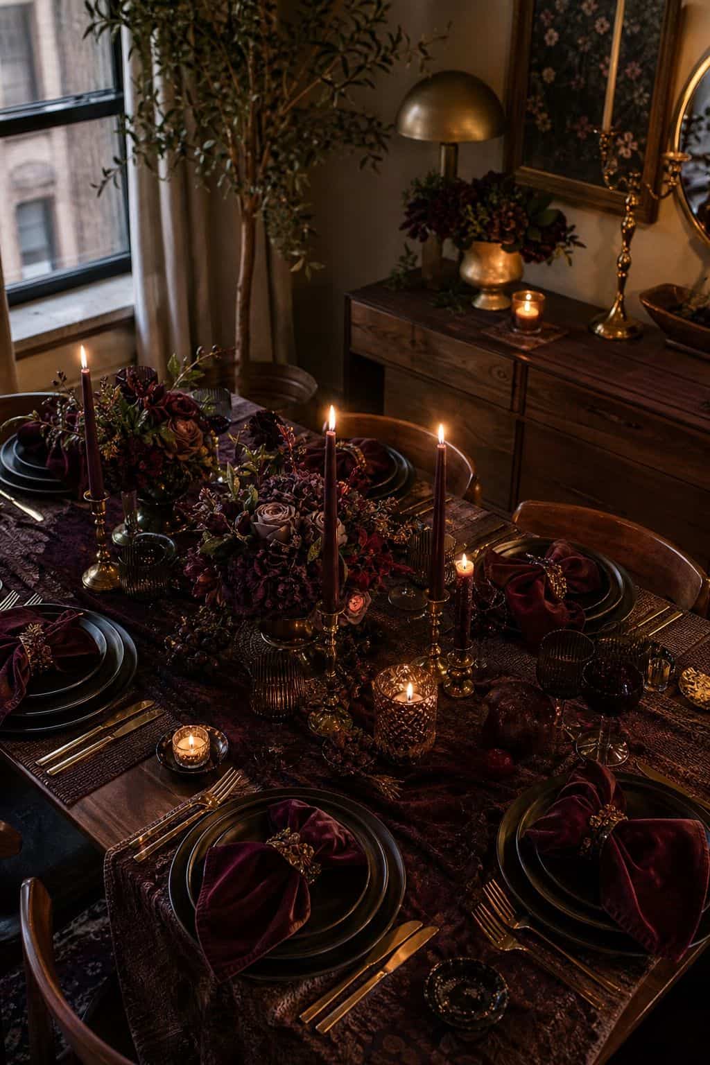 Moody maximalist Friendsgiving table with oxblood velvet napkins, plum candles, gold accents, and walnut table