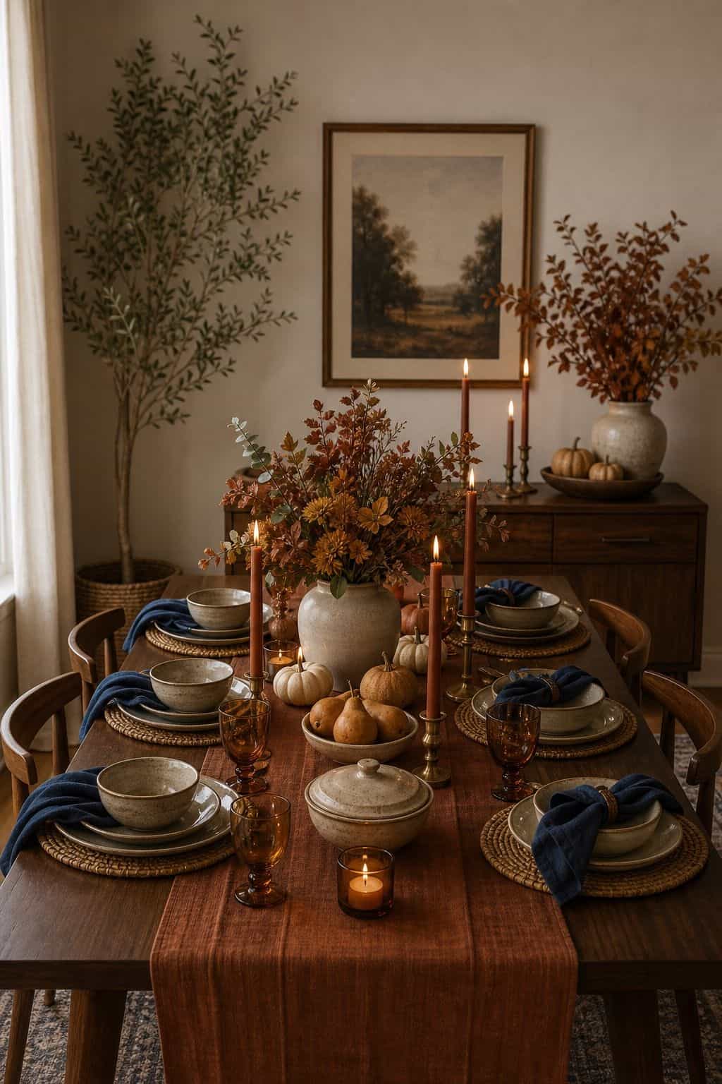 Cohesive Friendsgiving theme table with deep blue napkins, rust taper candles, matching serving pieces, and walnut furniture