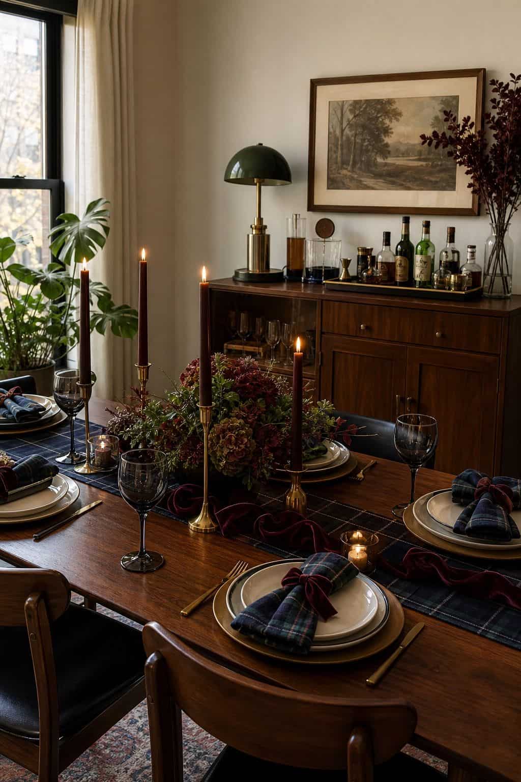 Polo bar preppy Friendsgiving setup with navy plaid napkins, maroon ribbon, dark glassware, and walnut bar cabinet
