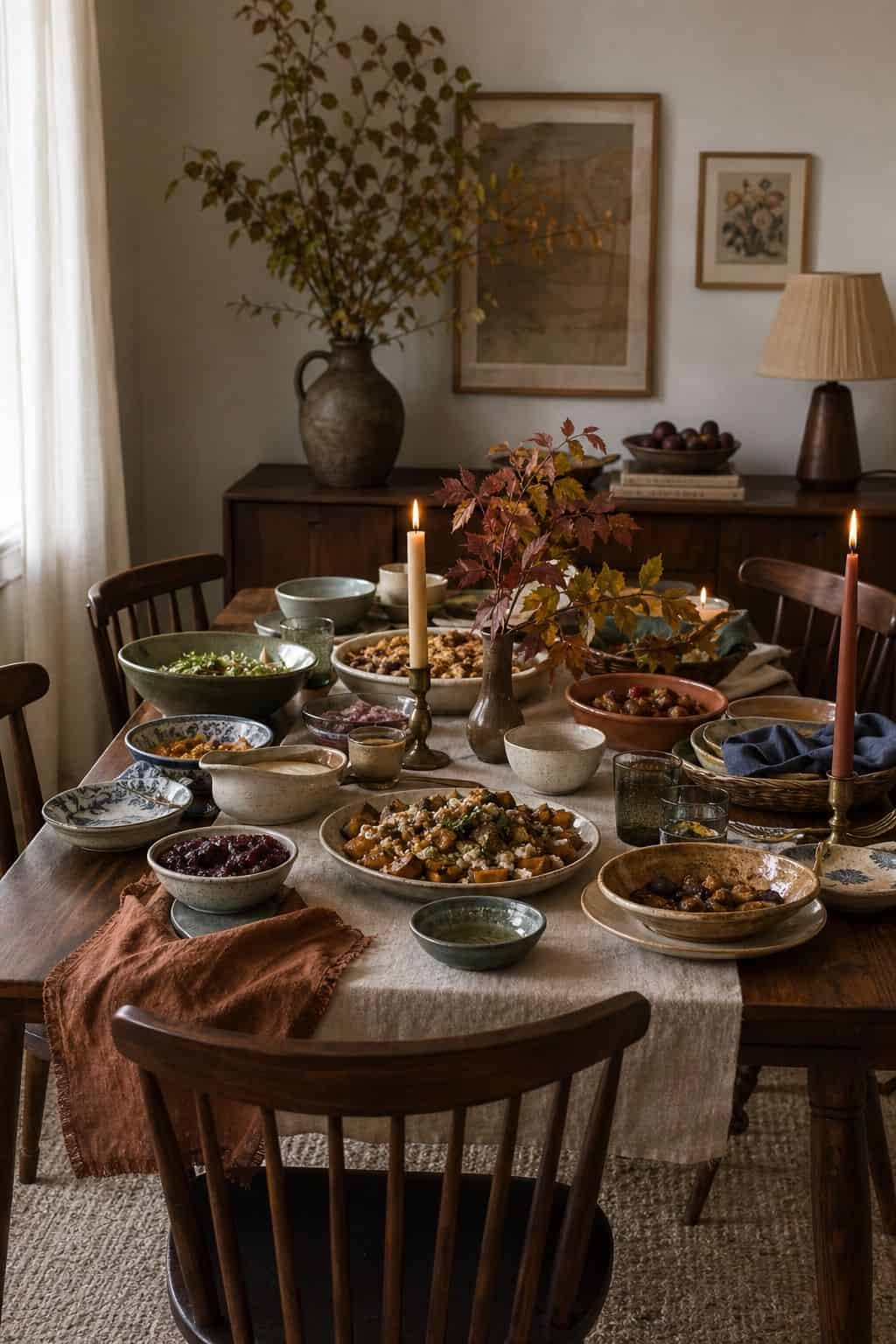 Potluck patchwork Friendsgiving table with mismatched plates, thrifted bowls, olive rust and dusty blue ceramics, and walnut table