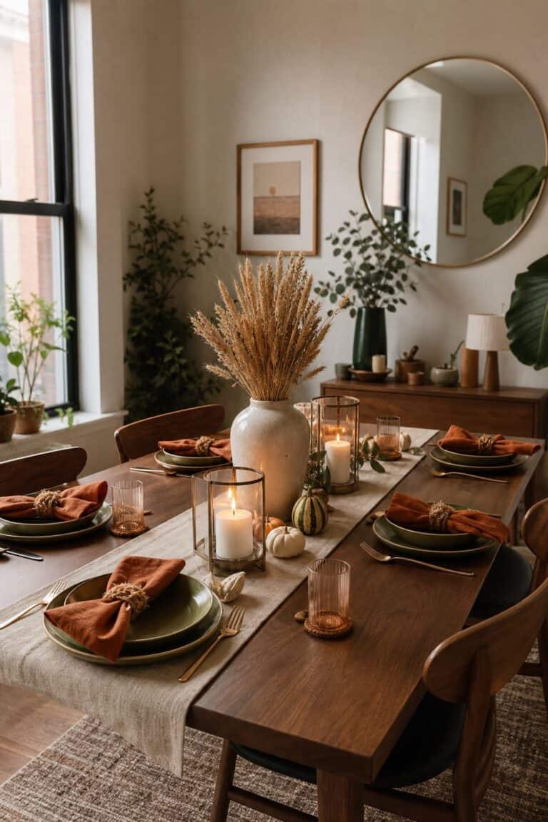 Rustic harvest Friendsgiving table with burnt orange napkins, moss green plates, dried wheat, and walnut dining table