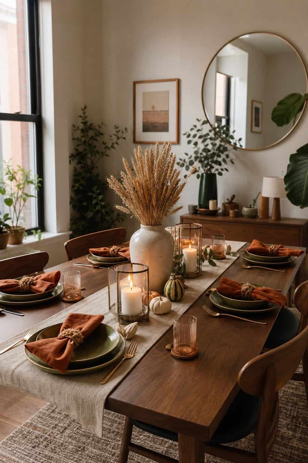 Rustic harvest Friendsgiving table with burnt orange napkins, moss green plates, dried wheat, and walnut dining table