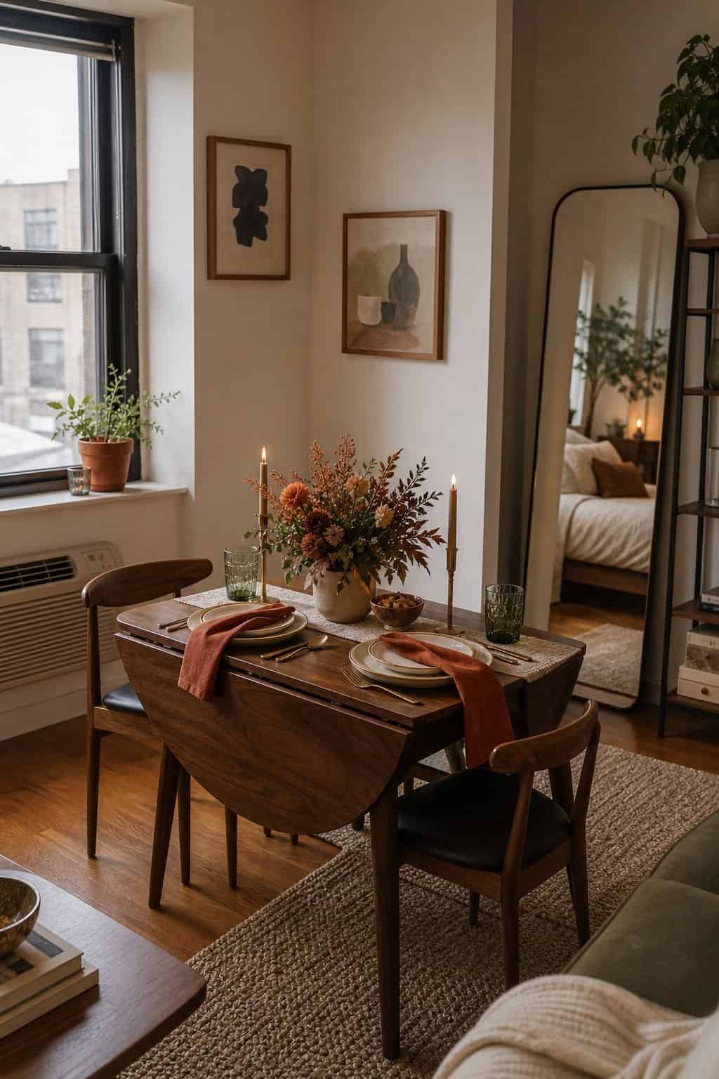 Small-space Friendsgiving setup with walnut drop leaf table, terracotta napkins, muted green glassware, and edited centerpiece