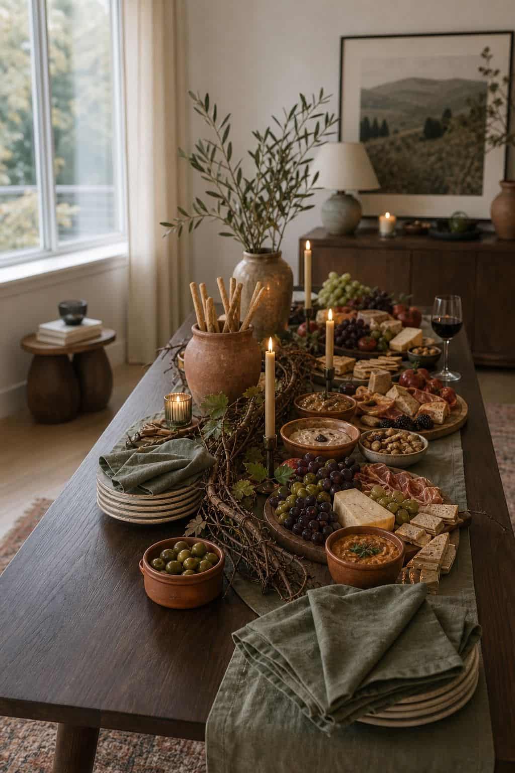 Wine country Friendsgiving grazing table with sage napkins, terracotta stoneware, grapevine accents, and walnut table