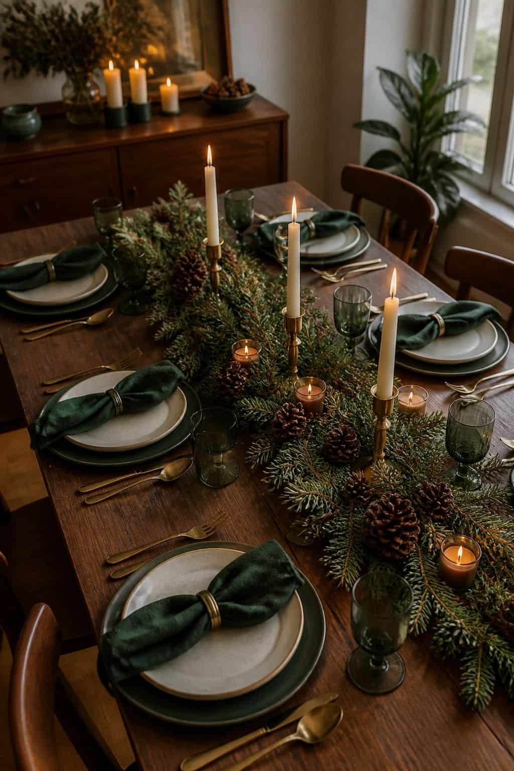 Woodland Friendsgiving tablescape with spruce greenery, pinecones, gold candlesticks, and walnut dining table