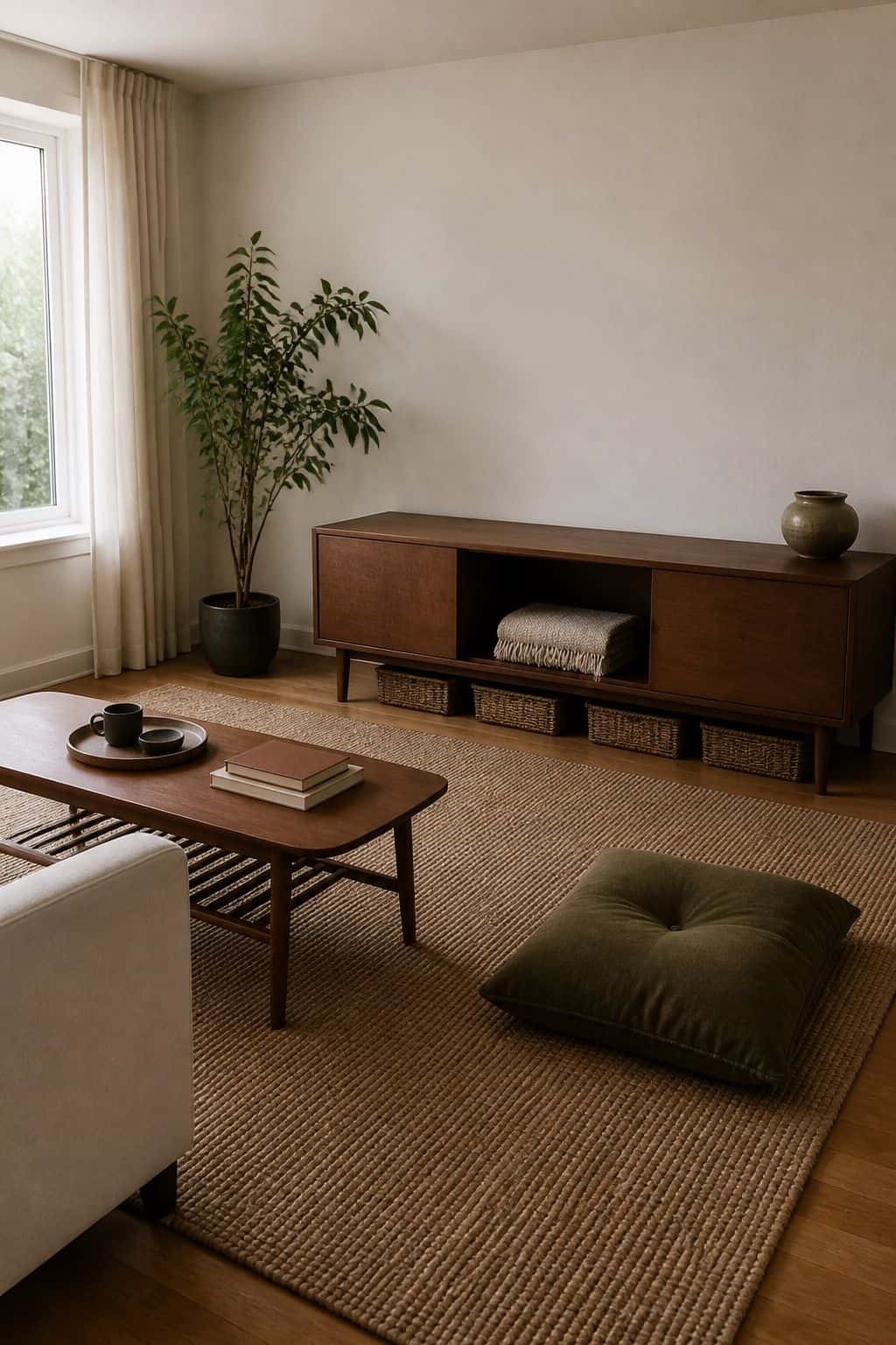 Decluttered Japanese zen living room with clear surfaces, closed walnut storage, linen throw, and olive floor cushion