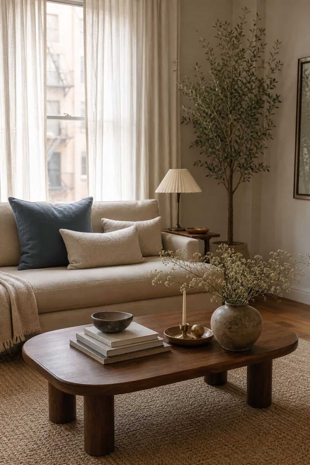 Japanese zen living room with sheer curtains, diffused natural light, walnut coffee table, pale sofa, and dusty blue cushion