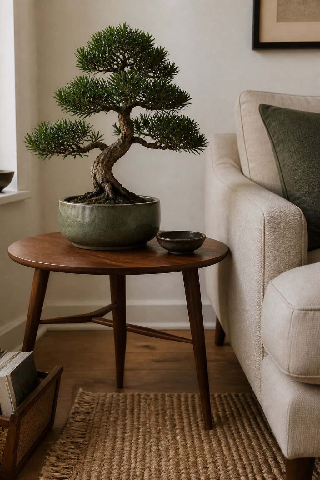 Japanese zen plant moment with bonsai on walnut side table, handmade ceramic planter, linen sofa, and woven rug