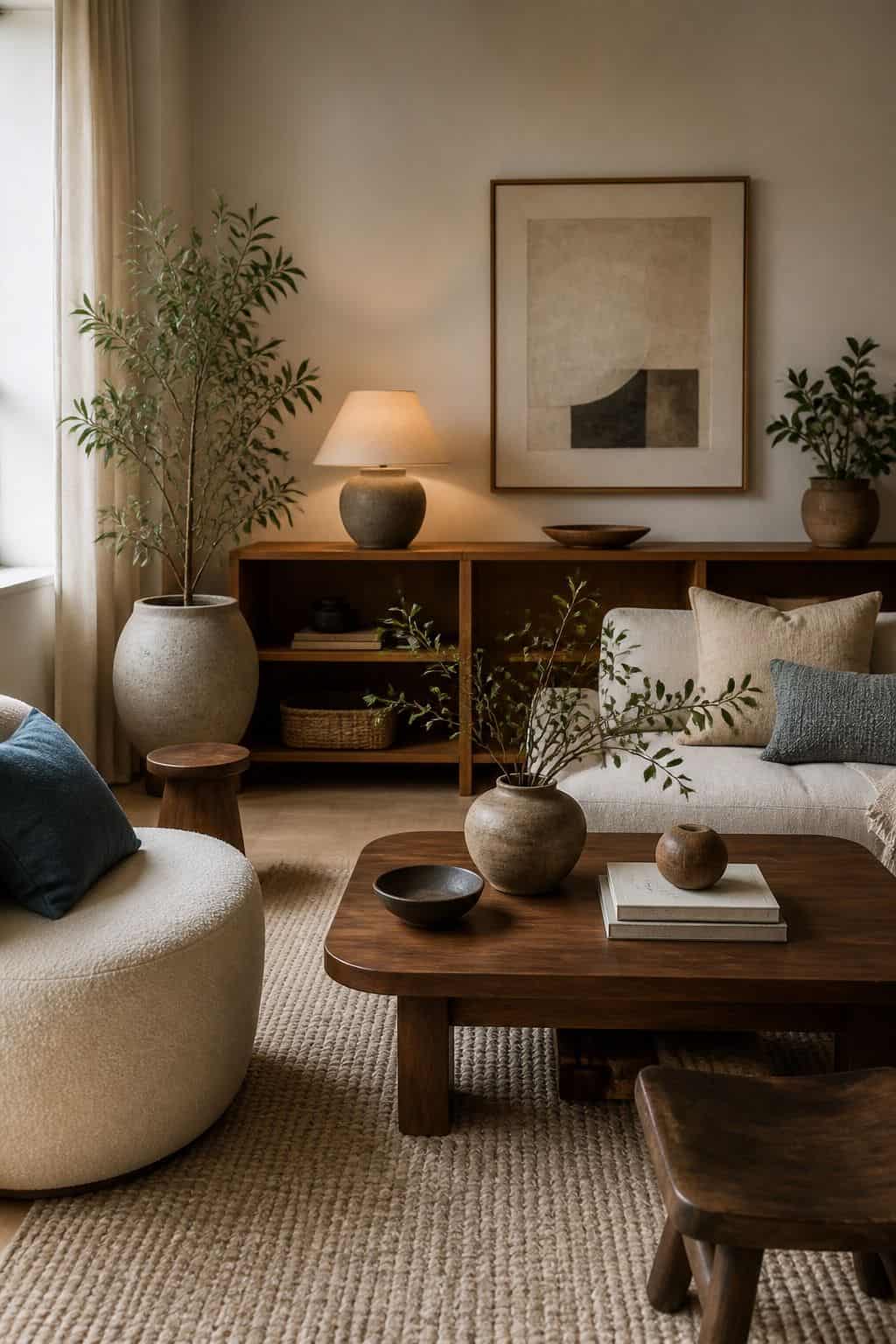 Warm Japandi living room with walnut coffee table, cream boucle chair, linen cushions, and muted green planter
