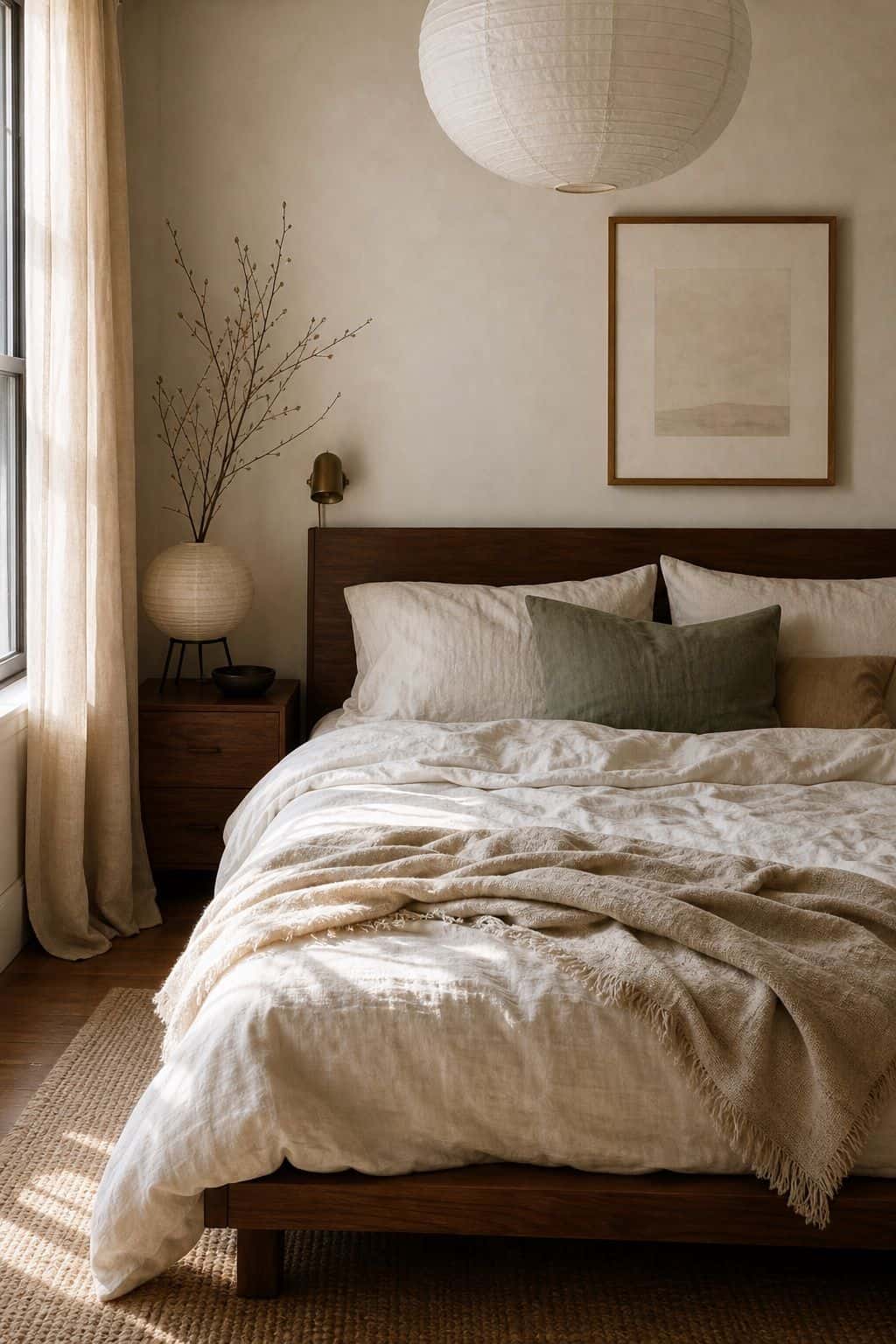 Japanese zen bedroom with walnut platform bed, rumpled ivory linen bedding, gauzy curtains, and sage pillow