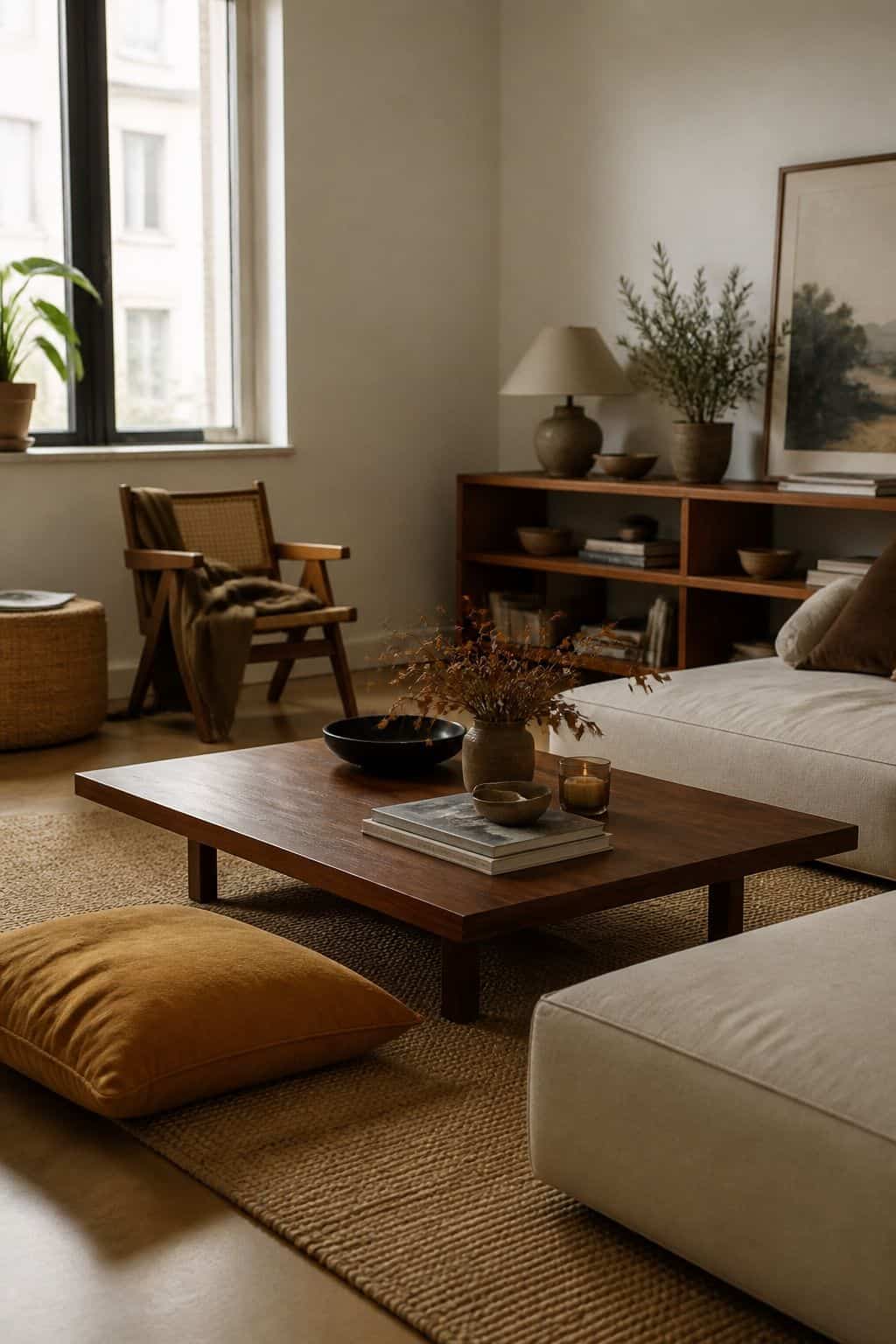 Low Japanese zen living room with walnut coffee table, low sofa, low shelving, and ochre floor pillow
