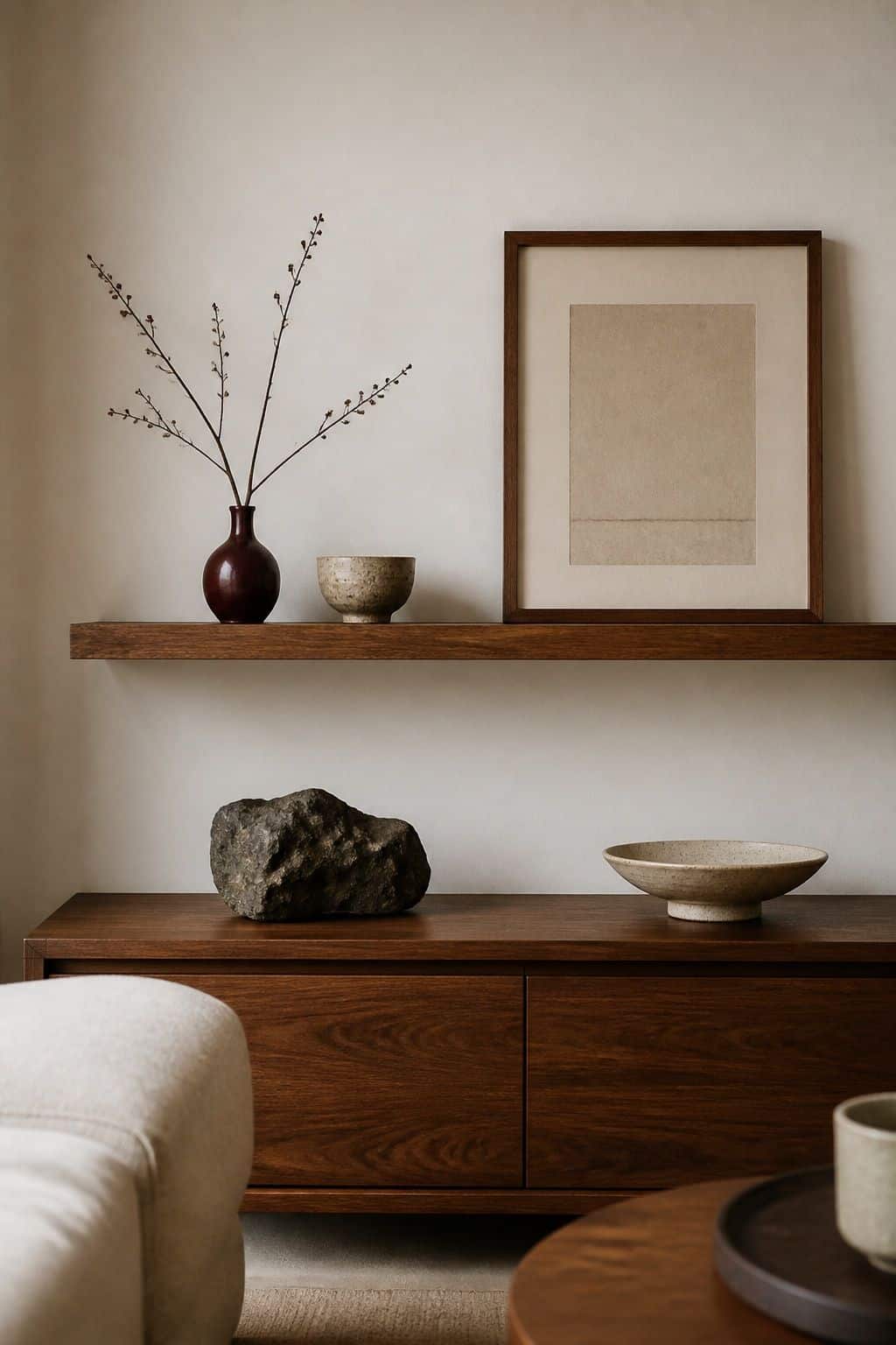 Minimalist Japanese zen shelf with walnut floating shelf, handmade ceramic, sculptural object, branch arrangement, and burgundy bud vase