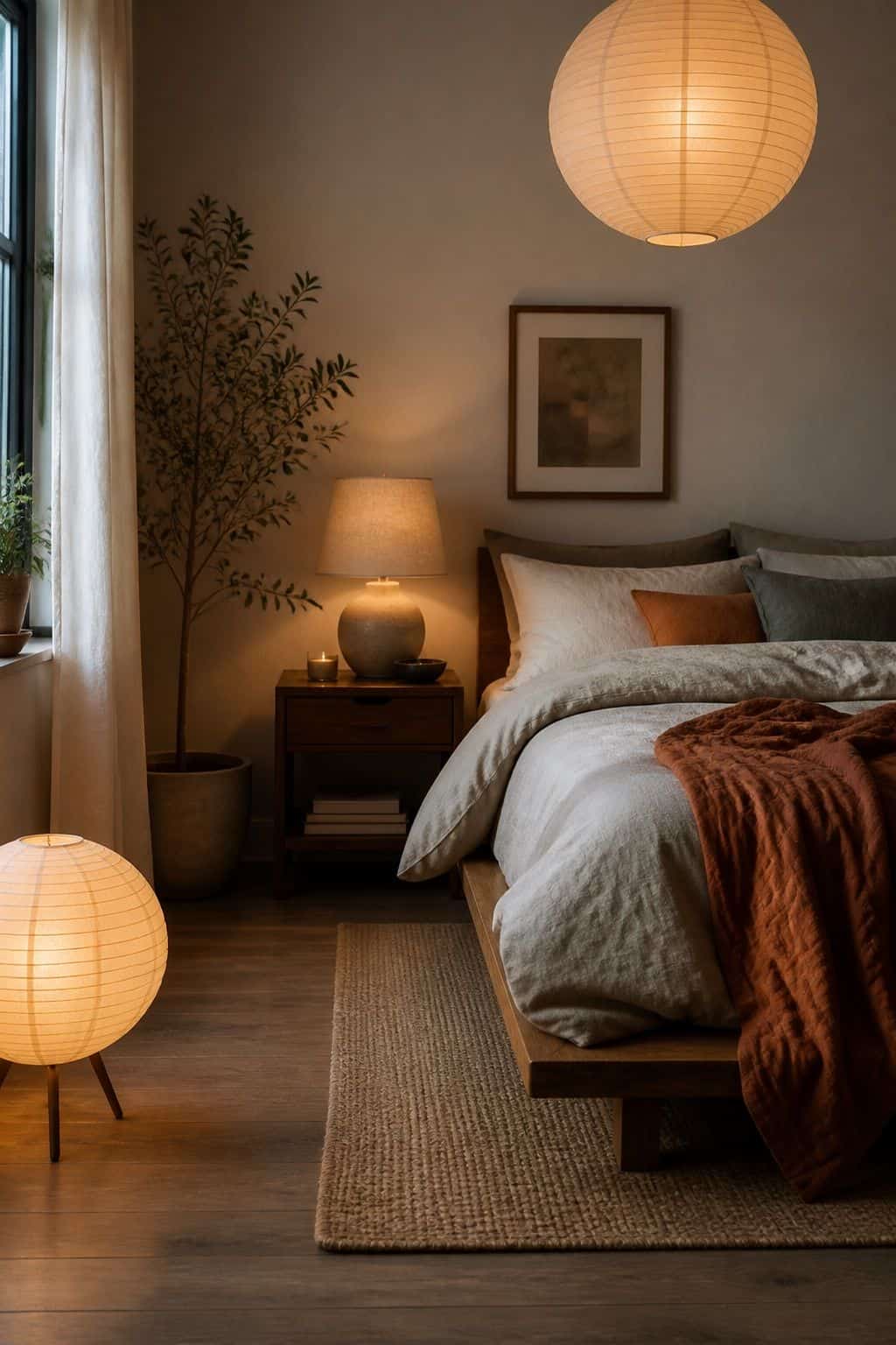Japanese zen bedroom corner with paper lantern pendant, floor lantern, walnut platform bed, and terracotta throw
