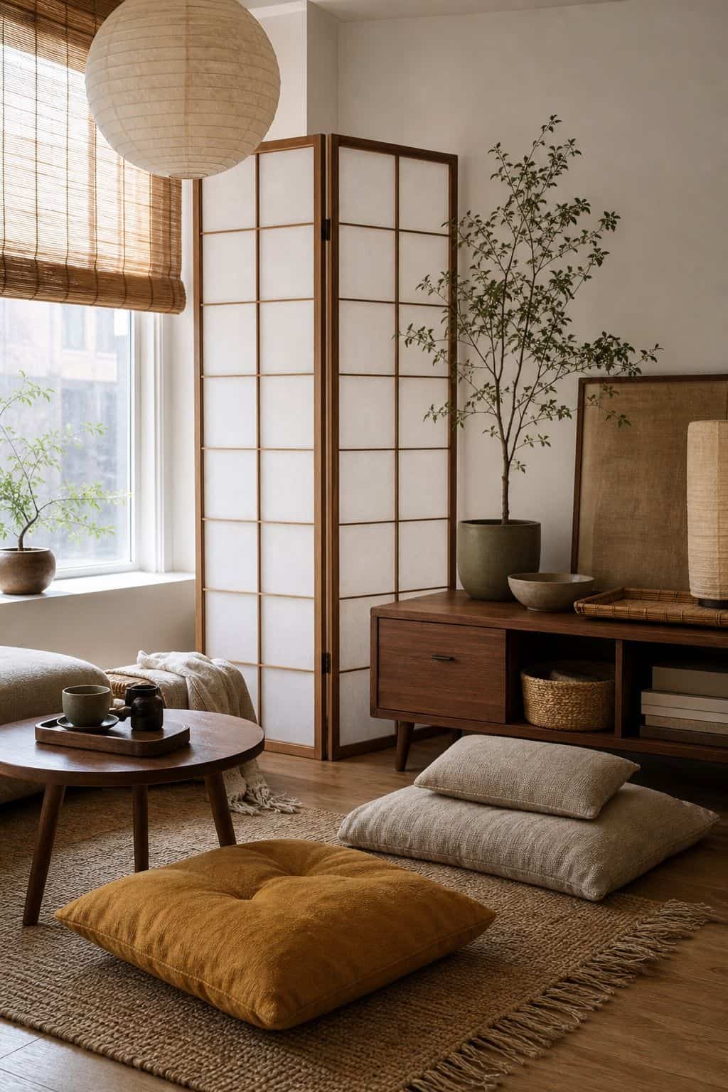 Renter-friendly Japanese zen corner with freestanding shoji screen, bamboo blinds, paper lantern, walnut console, and ochre cushion