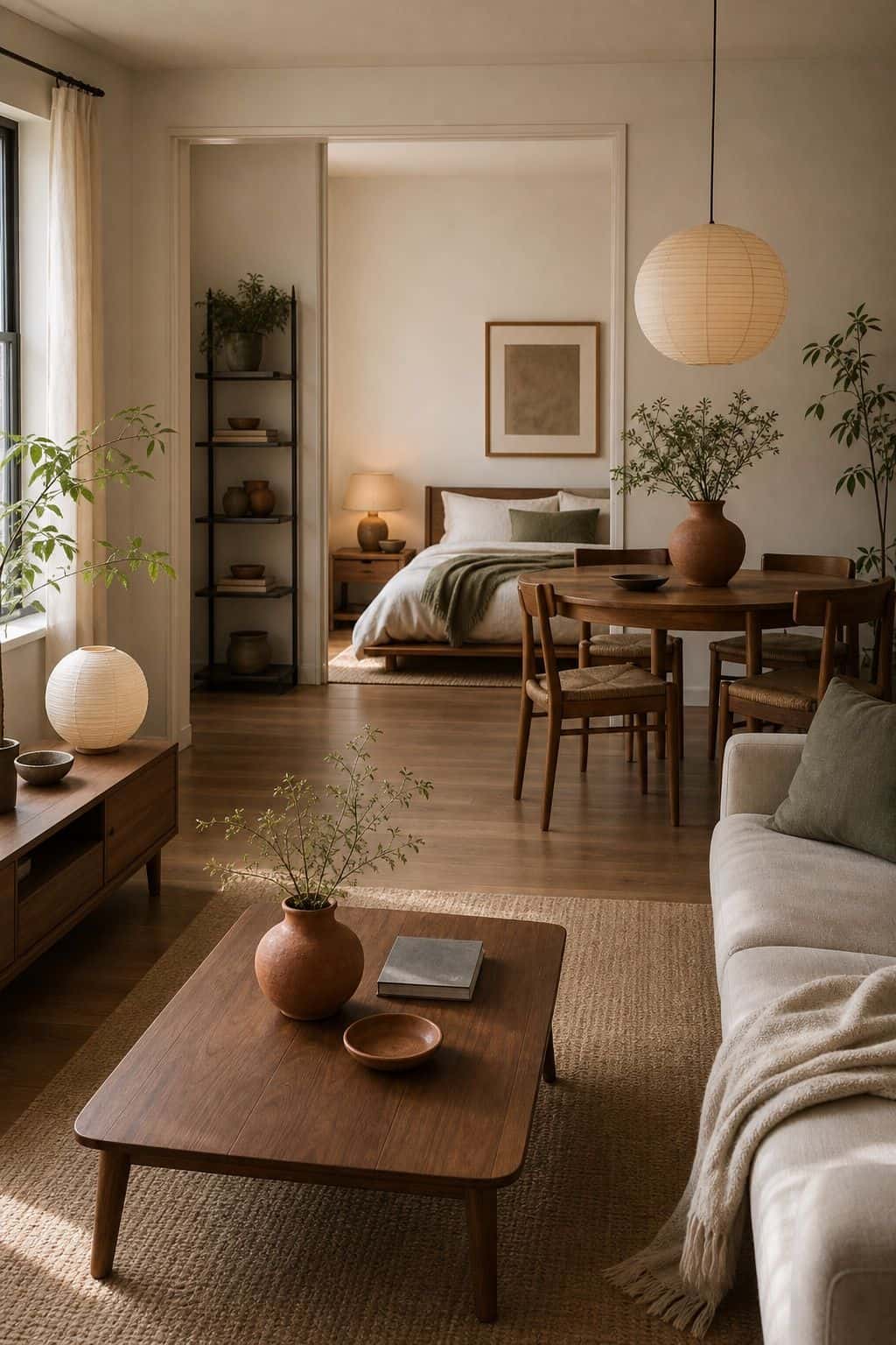 Open-plan Japanese zen apartment with consistent walnut furniture, muted sage textiles, terracotta ceramics, and calm natural light