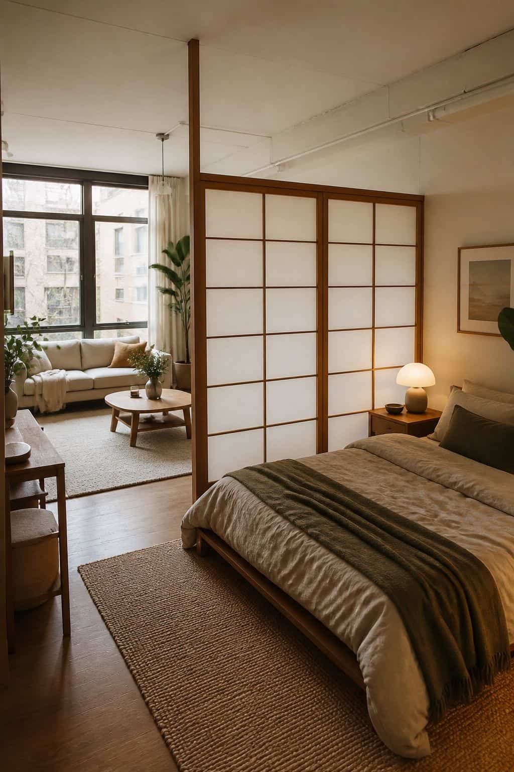 Studio apartment with shoji-style screen divider, walnut bed frame, linen bedding, and deep olive pillow