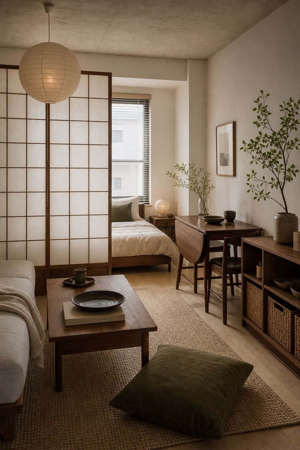 Small apartment Japanese zen studio with shoji screen, paper lantern, walnut drop leaf table, low shelving, and olive cushion