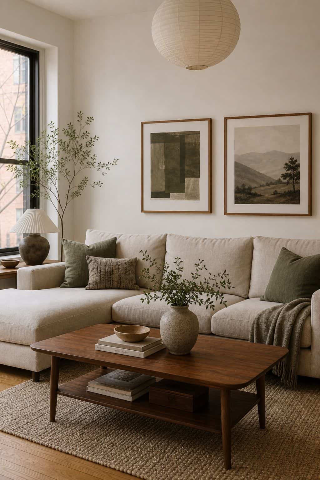 Japanese zen living room with warm whites, beige, muted green, stone tones, and walnut coffee table