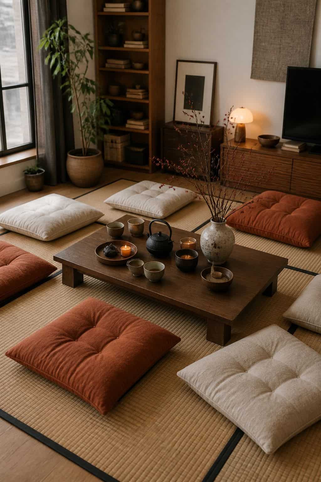 Floor-level Japanese zen living area with tatami-style mat, low walnut tea table, linen cushions, and rust floor pillows