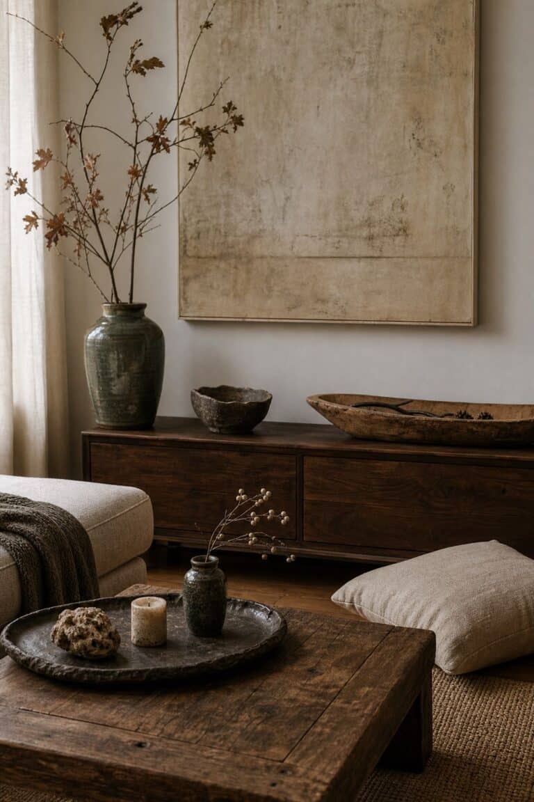 Wabi-sabi Japanese zen decor vignette with walnut console, handmade ceramic bowl, linen cushion, and sculptural branch