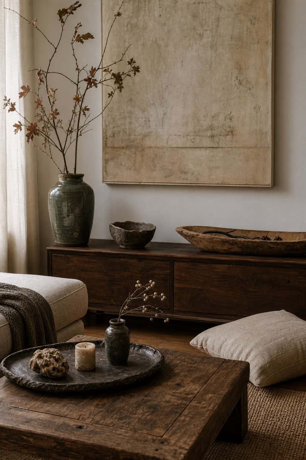 Wabi-sabi Japanese zen decor vignette with walnut console, handmade ceramic bowl, linen cushion, and sculptural branch