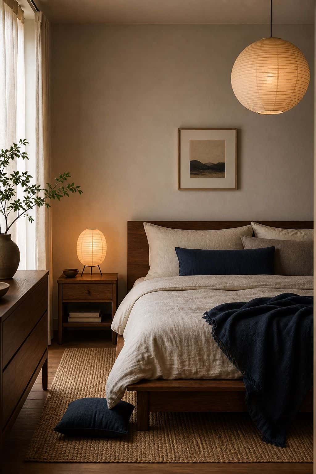 Peaceful Japanese zen bedroom starter room with walnut platform bed, linen bedding, paper lantern, ceramic vase, and deep blue pillow