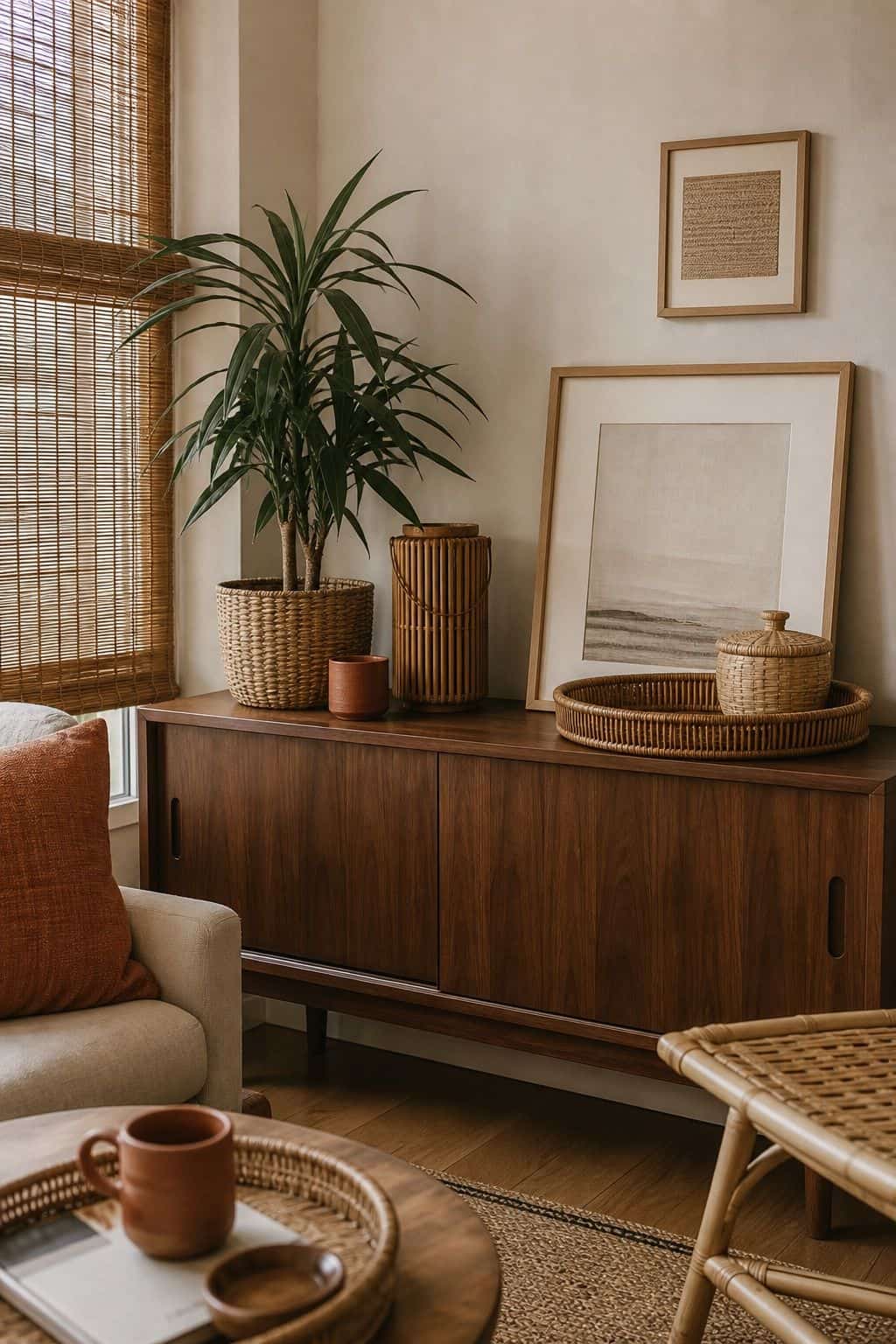 Japanese zen material corner with walnut sideboard, bamboo blinds, bamboo tray, basket, and terracotta ceramic cup