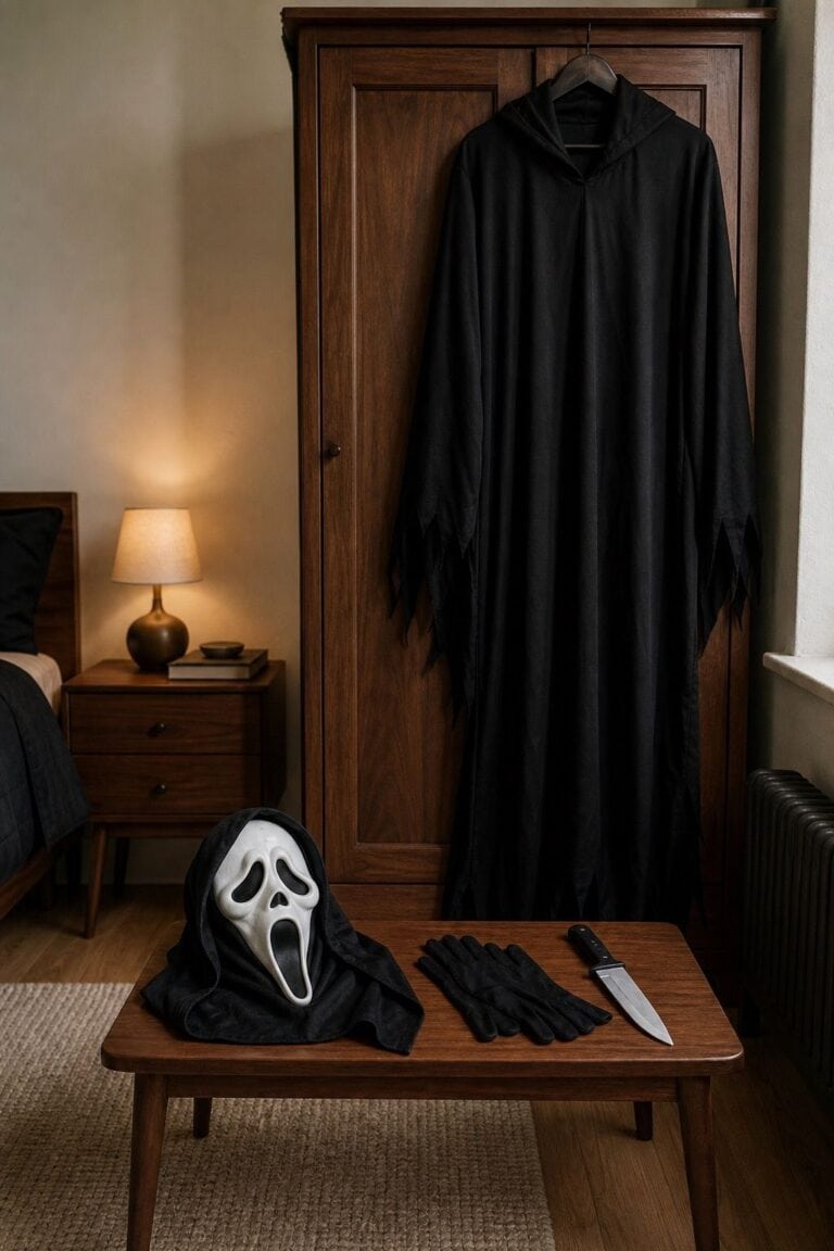Black hooded robe, white ghost-style mask, gloves, and prop knife arranged as a scary Halloween costume flat lay for scary Halloween costume ideas