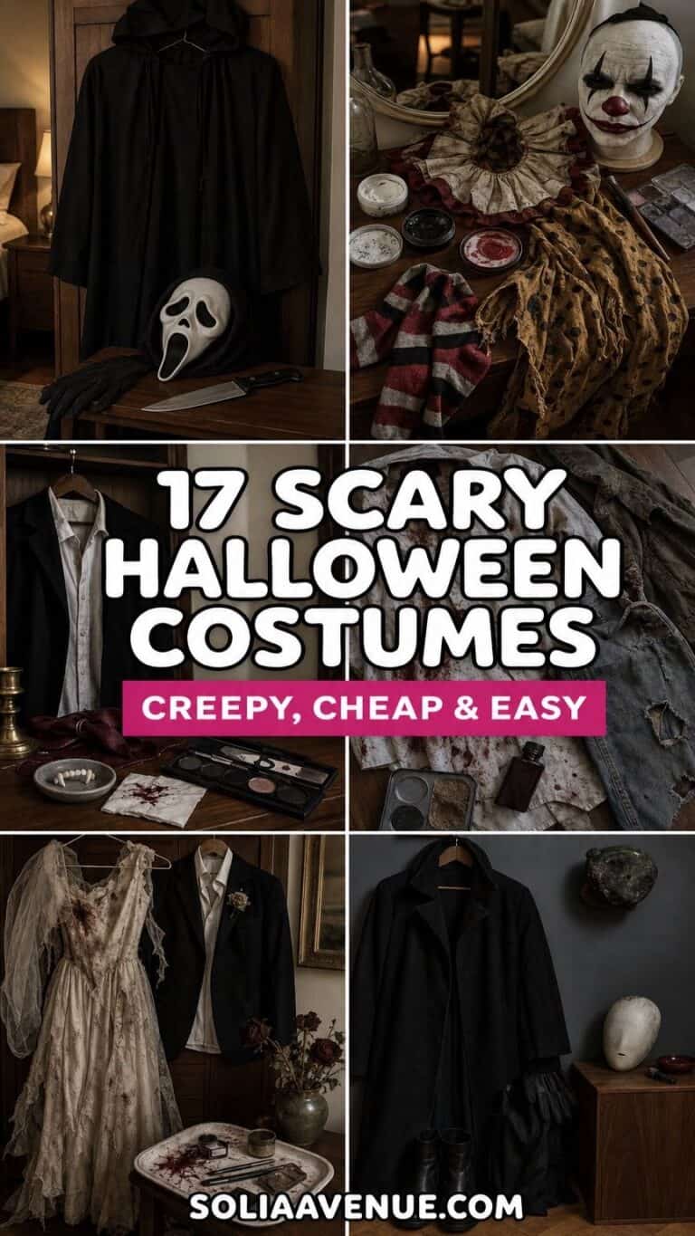 Pinterest pin for 17 scary Halloween costume ideas with collage of creepy costume prep scenes and bold white title text for scary Halloween costume ideas