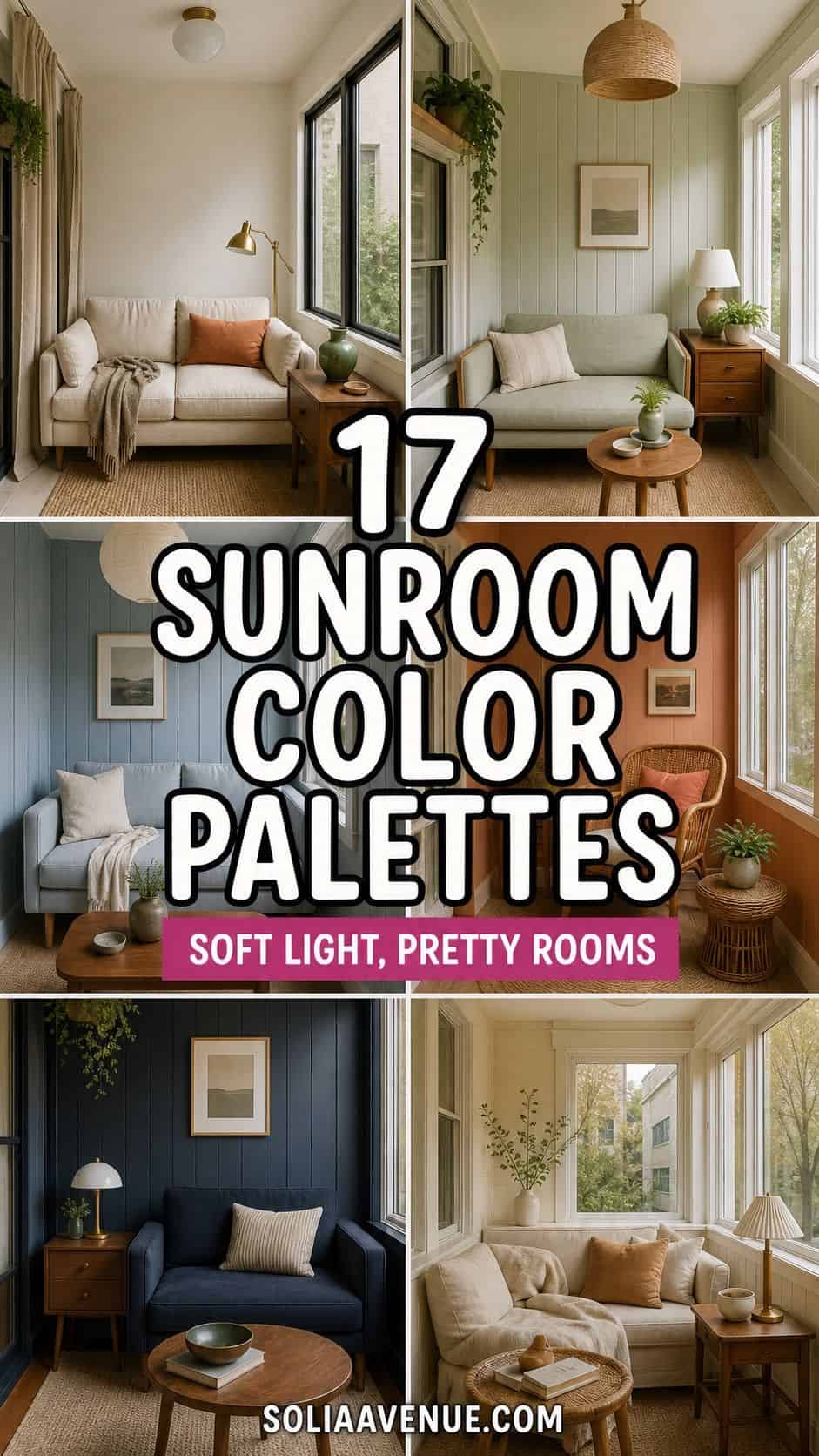 Pinterest pin for 17 sunroom color palette ideas with collage of small apartment sunroom color schemes