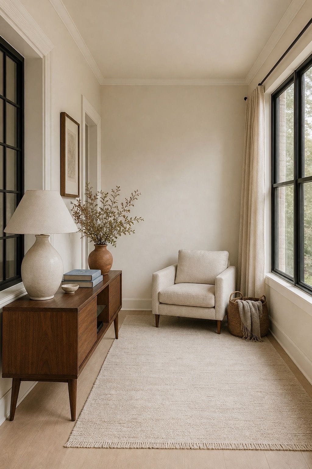 Layered cream and bone small sunroom with walnut console, linen chair, dusty blue books, and terracotta vase