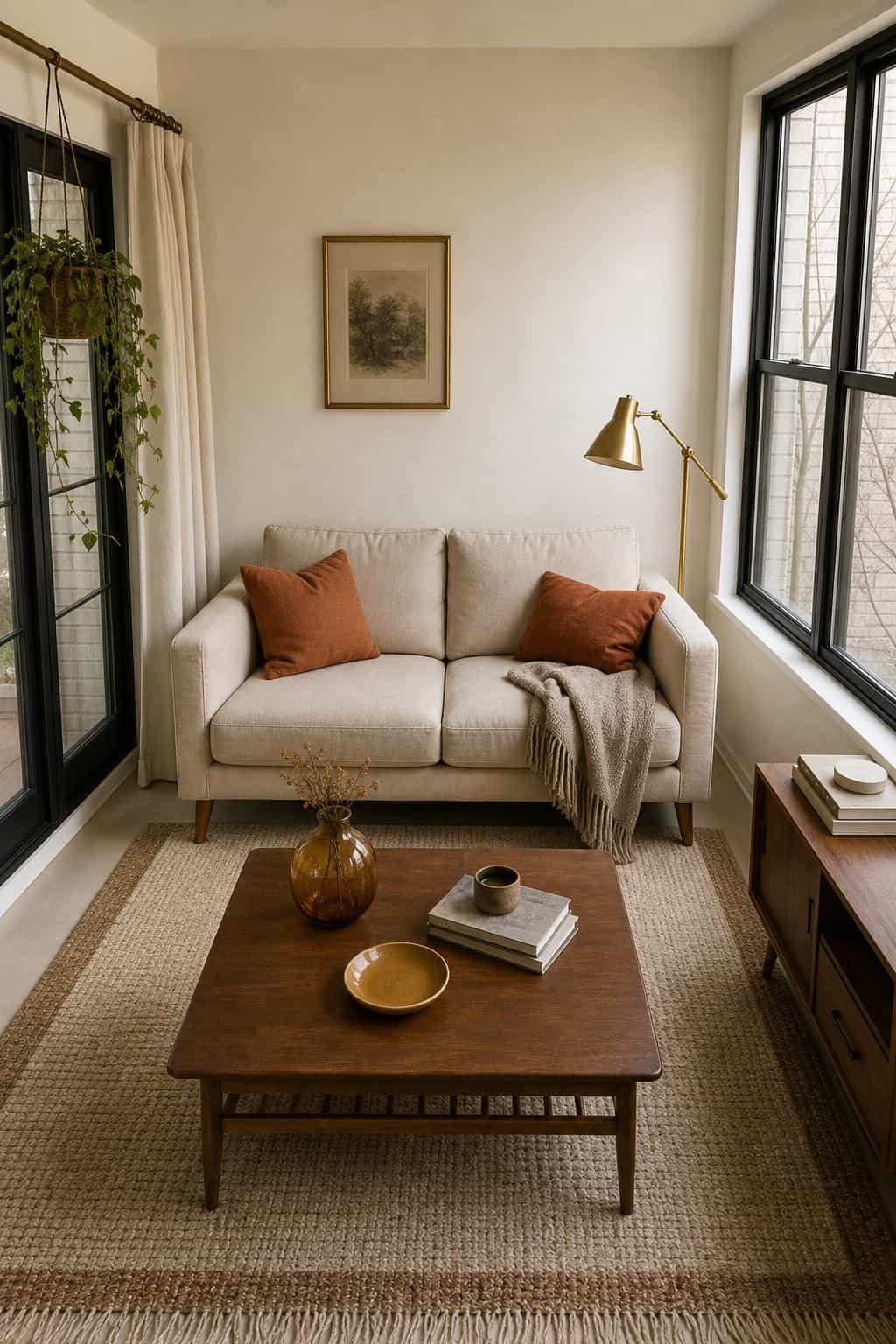 North-facing sunroom with warm cream walls, oatmeal loveseat, walnut coffee table, terracotta pillows, and mustard dish