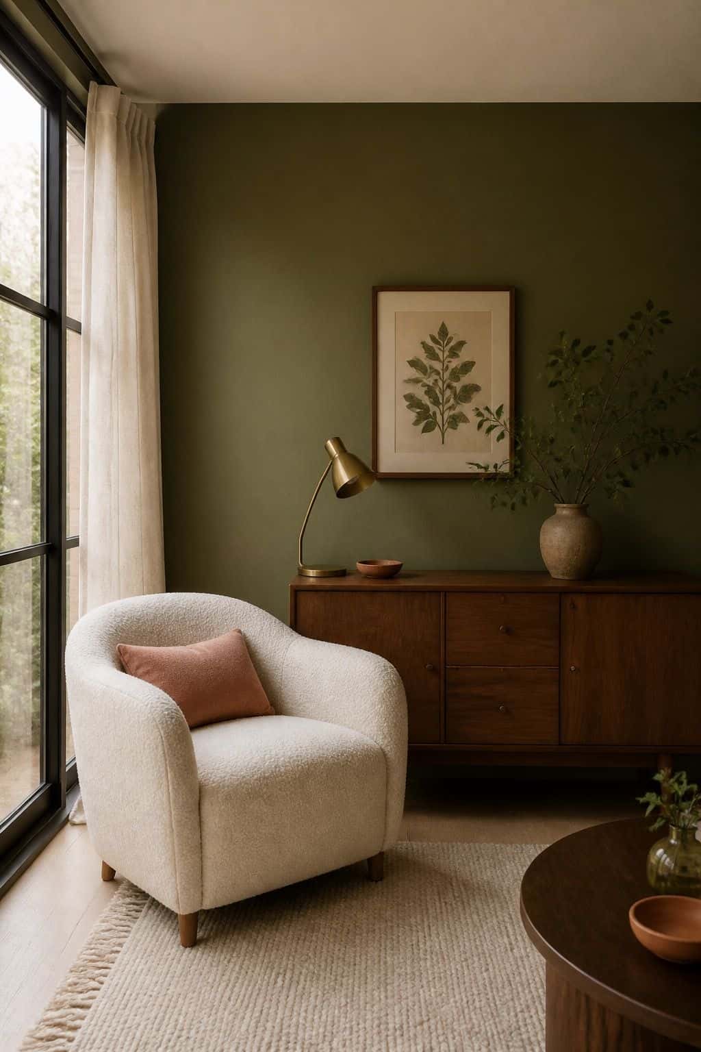Olive green sunroom accent wall with cream boucle chair, walnut sideboard, brass lamp, and terracotta tray