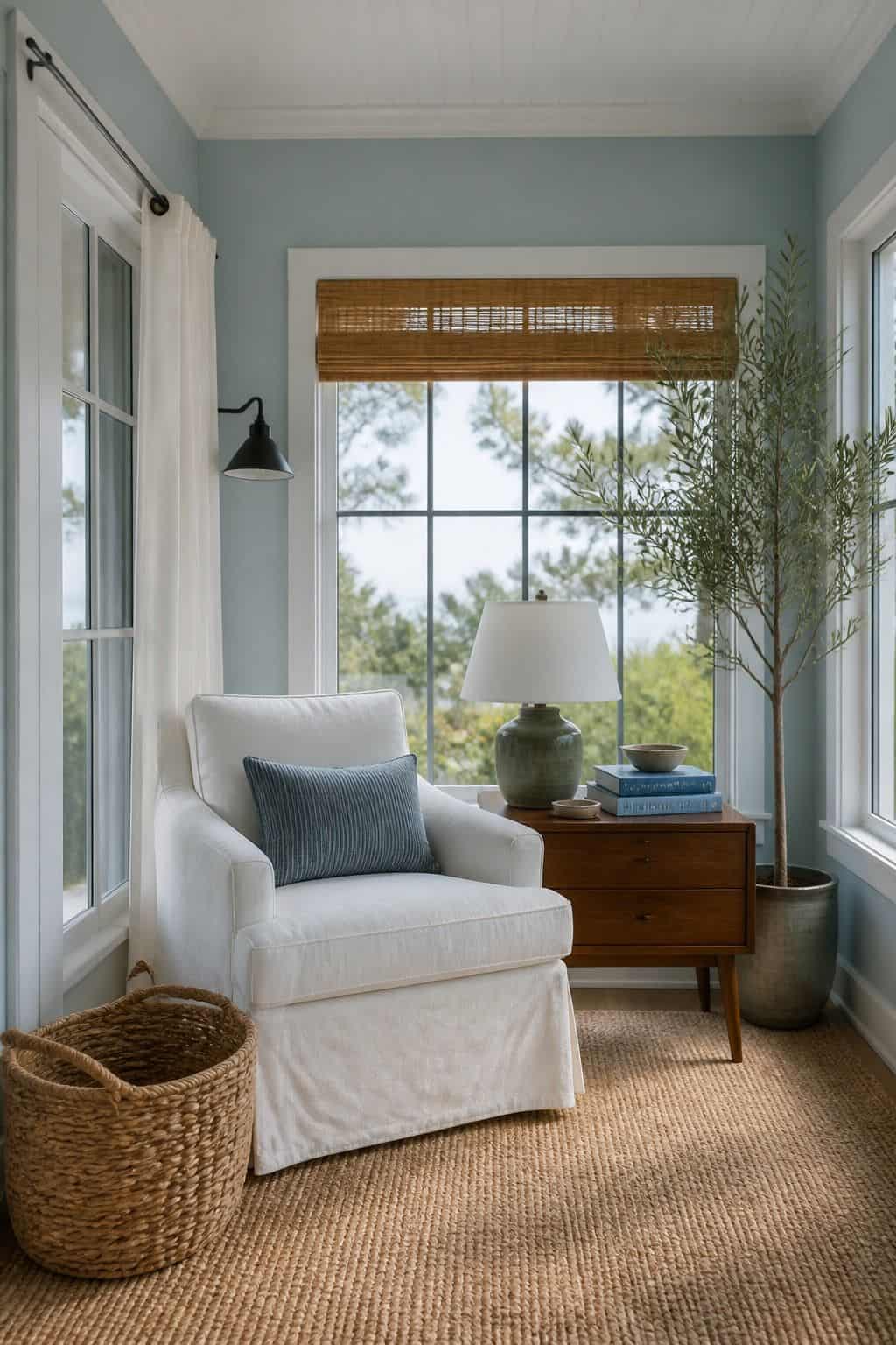 Pale dusty blue small apartment sunroom with white linen chair, walnut side table, jute rug, and green planter