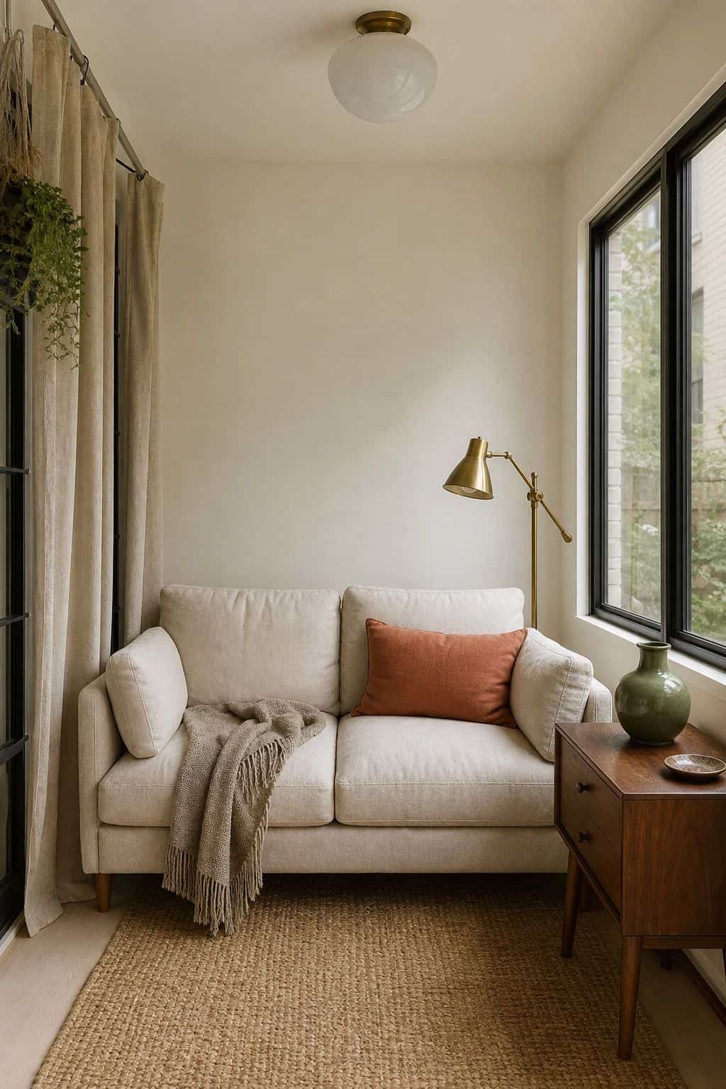 Small apartment sunroom with cream walls, oatmeal linen seating, walnut side table, sage vase, and terracotta pillow