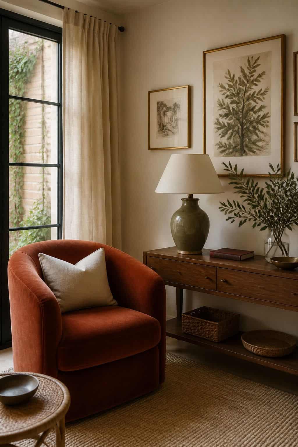 Mediterranean inspired sunroom with rich rust chair, walnut console, cream walls, olive lamp, and brass frames