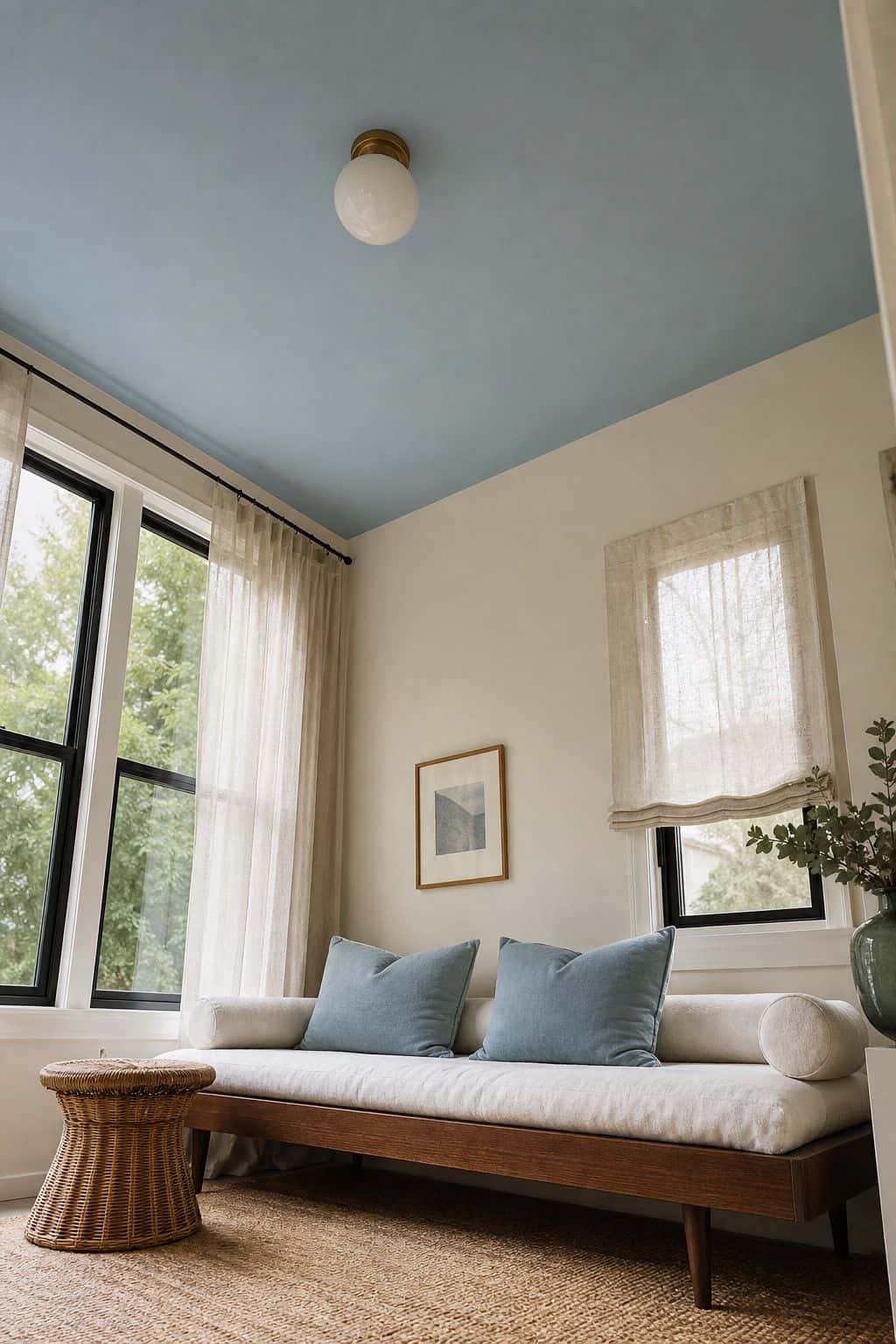 Cream sunroom with pale sky blue ceiling, walnut daybed, dusty blue pillows, and muted green vase
