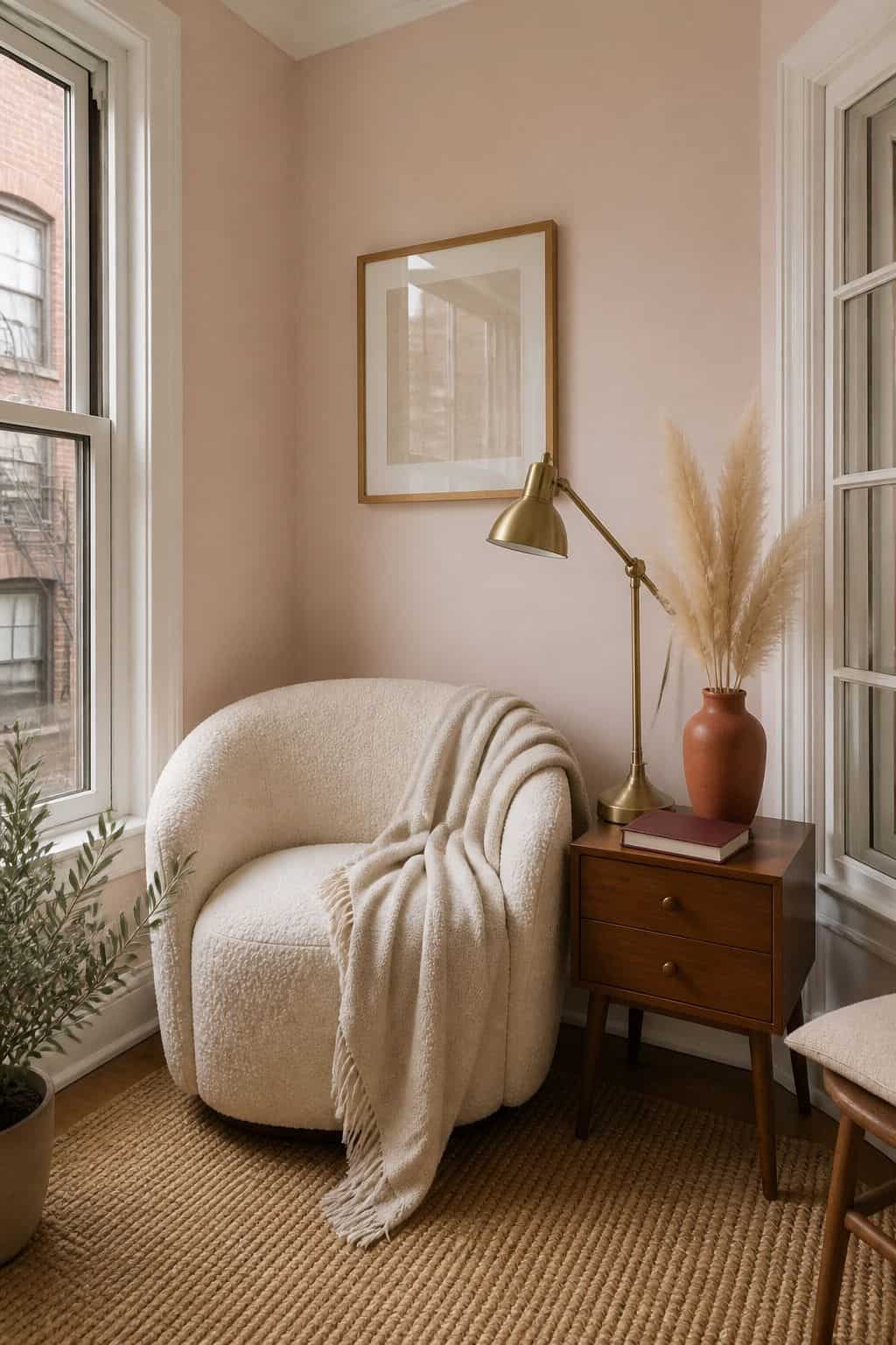 Blush pink sunroom corner with cream boucle chair, walnut side table, brass lamp, pampas grass, and burgundy book