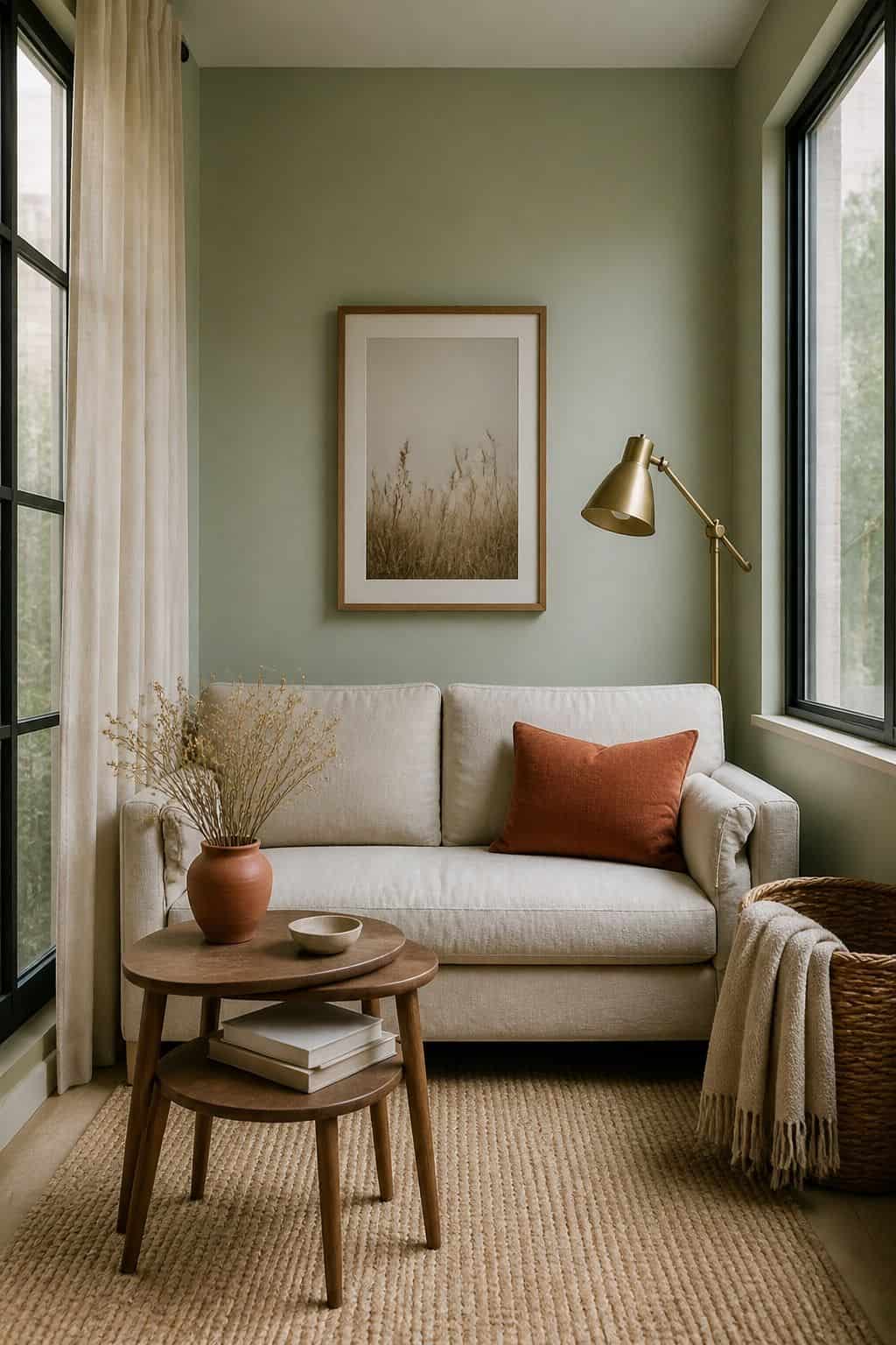 Soft sage green sunroom with cream linen sofa, walnut nesting tables, terracotta planter, and rust pillow