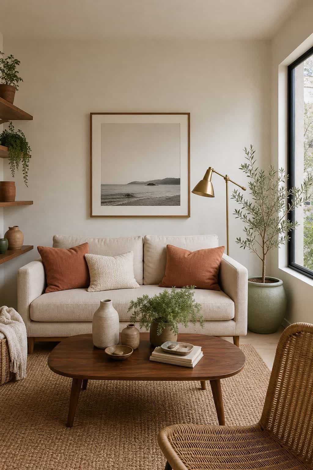 Cream sunroom with terracotta pillows, sage planter, oatmeal sofa, walnut coffee table, and brass lamp